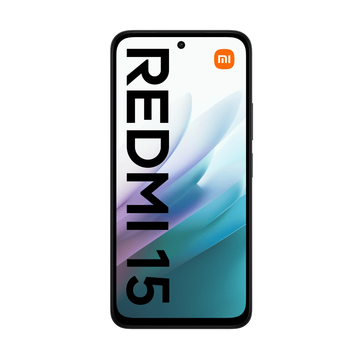 Smartphone negro con pantalla que muestra "REDMI 15" en texto blanco. Logotipo de Xiaomi visible. El teléfono tiene un borde negro.