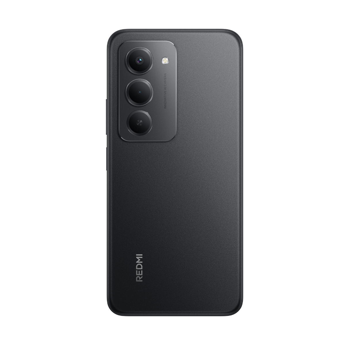 Parte trasera de teléfono Redmi negro. Tres cámaras arriba a la izquierda, logotipo de Redmi abajo. El fondo es blanco.