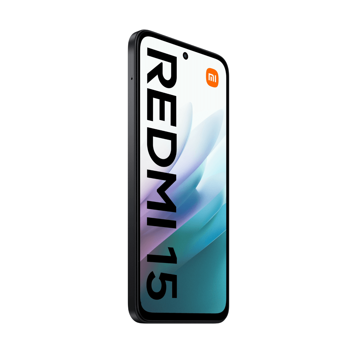 Un smartphone negro Redmi 15, ligeramente inclinado. La pantalla muestra un diseño degradado con el logotipo de Xiaomi. El texto REDMI 15 es visible.