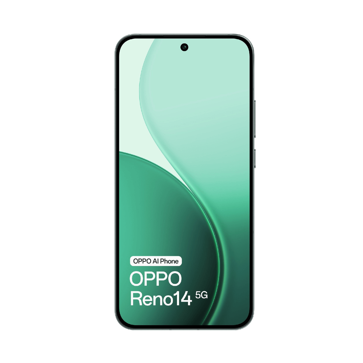 Smartfon z zielonym ekranem wyświetlającym zielone fale, tekst 'OPPO Reno14 5G' widoczny na dole.