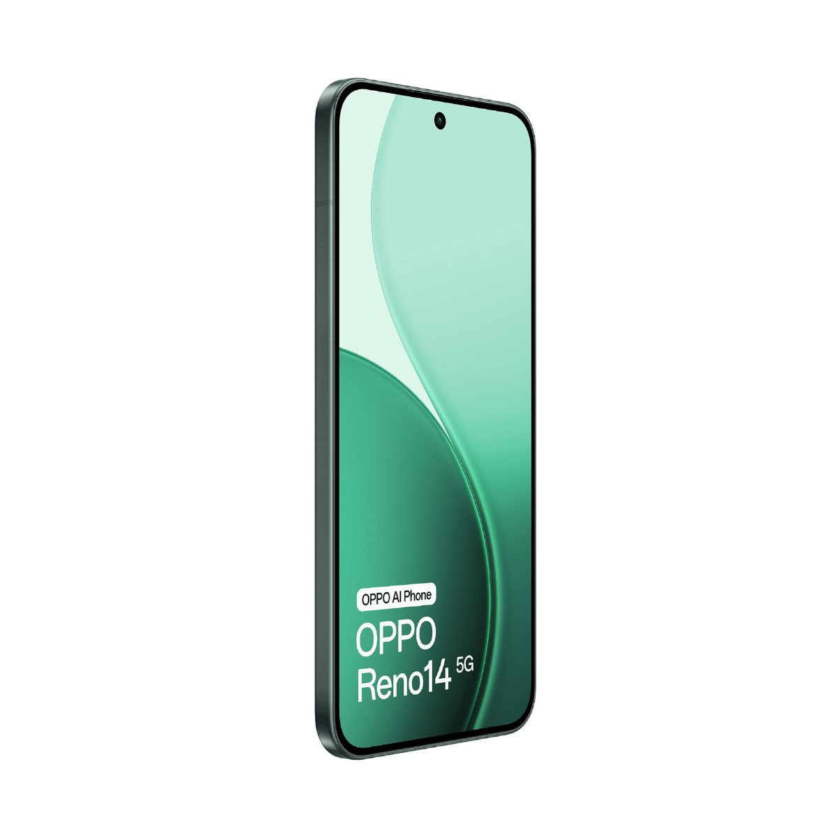 Telefon OPPO Reno14 5G. Ekran wyświetla zielony gradient. Telefon jest czarny z przednim aparatem.