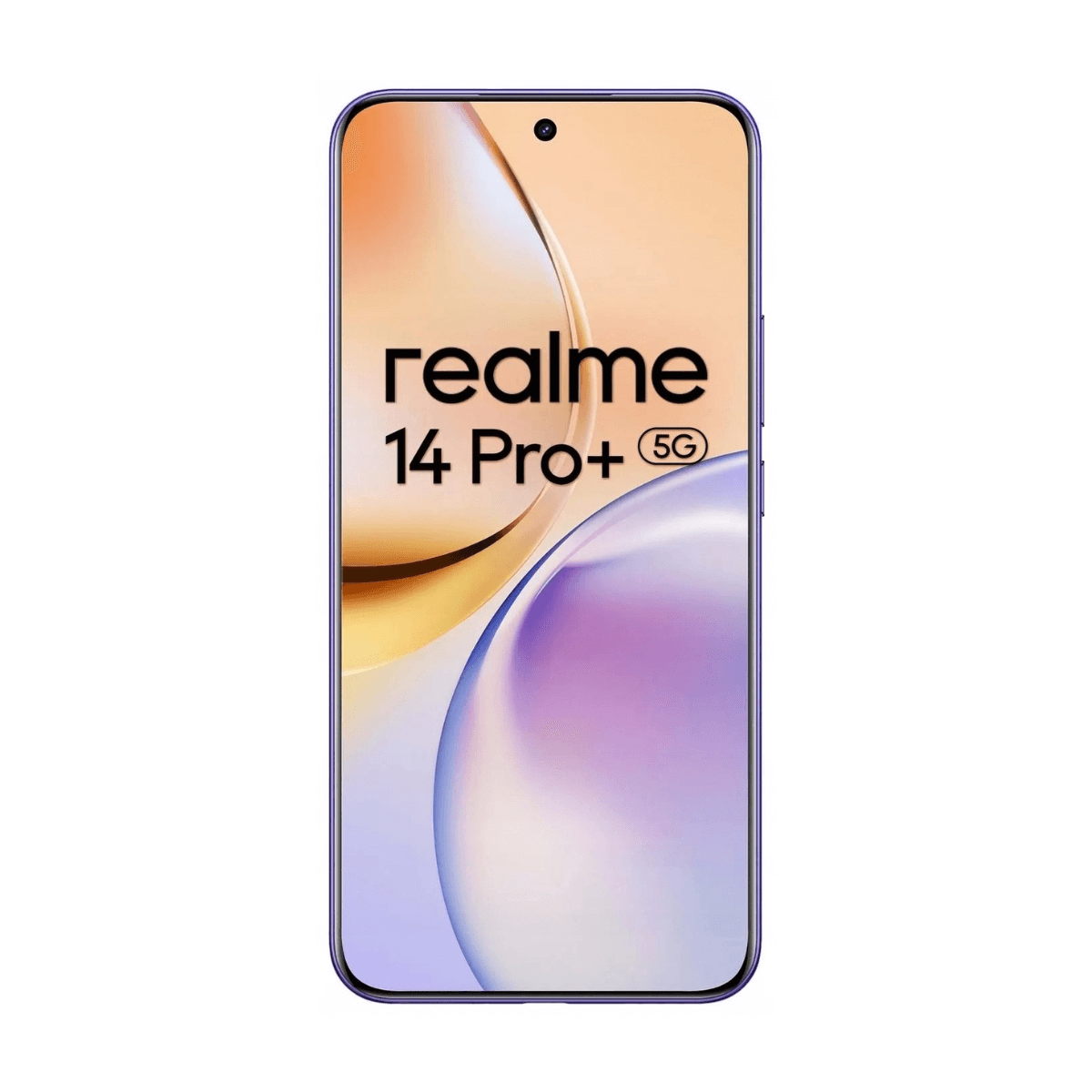 Smartfon Realme 14 Pro+ 5G. Ekran wyświetla abstrakcyjny wzór w kolorach pomarańczowym i fioletowym. Telefon ma fioletową ramkę.