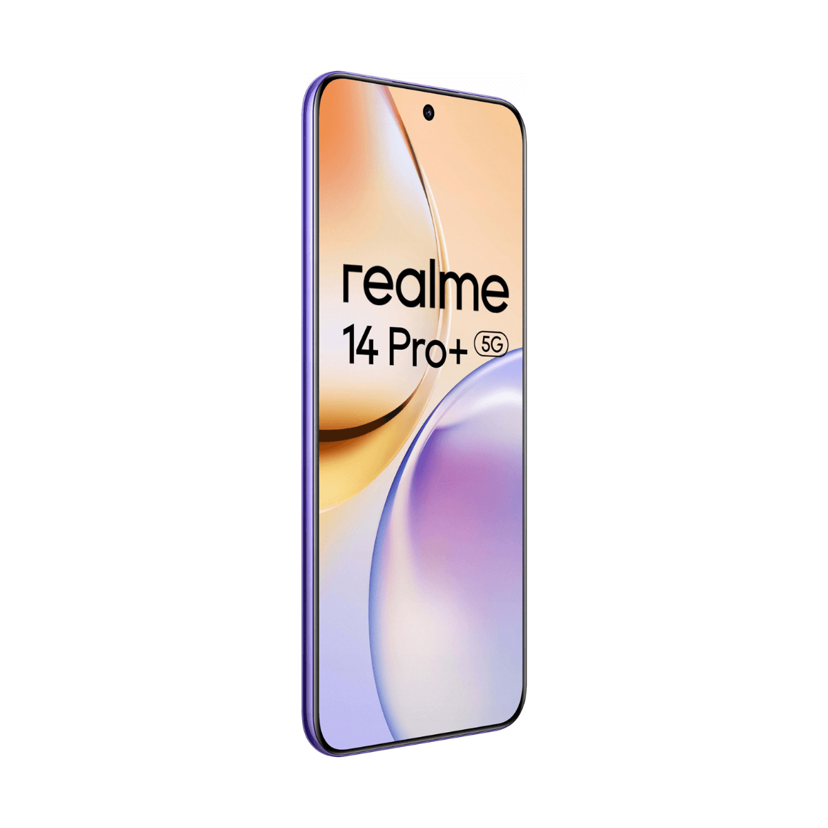 Smartfon z fioletową ramką wyświetla logo Realme 14 Pro+ 5G na ekranie, na białym tle.