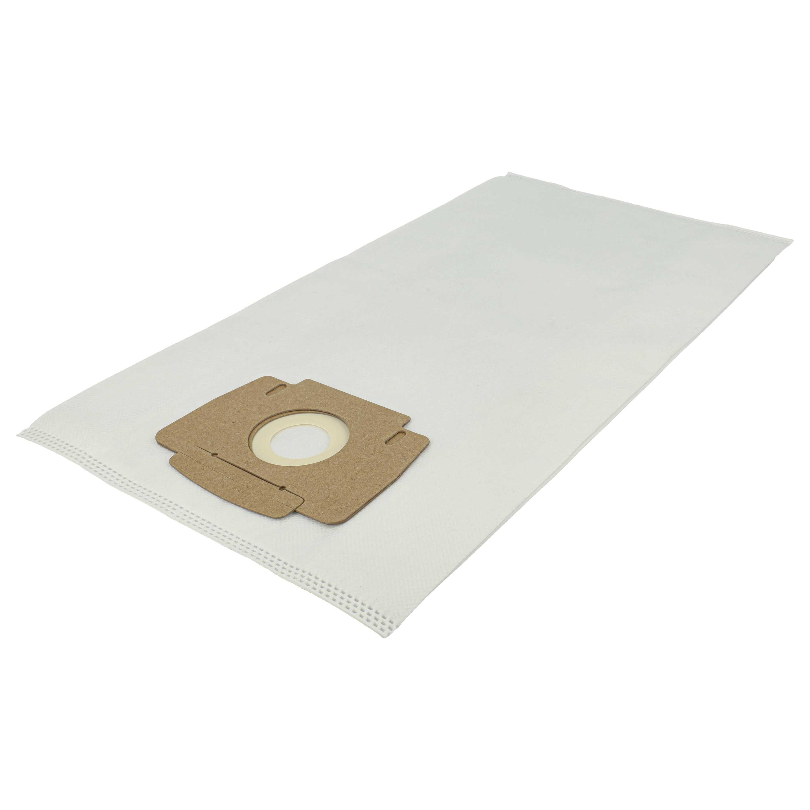 Ein weißer Staubsaugerbeutel mit braunem Kartoneinsatz. Die Tasche ist rechteckig, auf weißem Hintergrund.