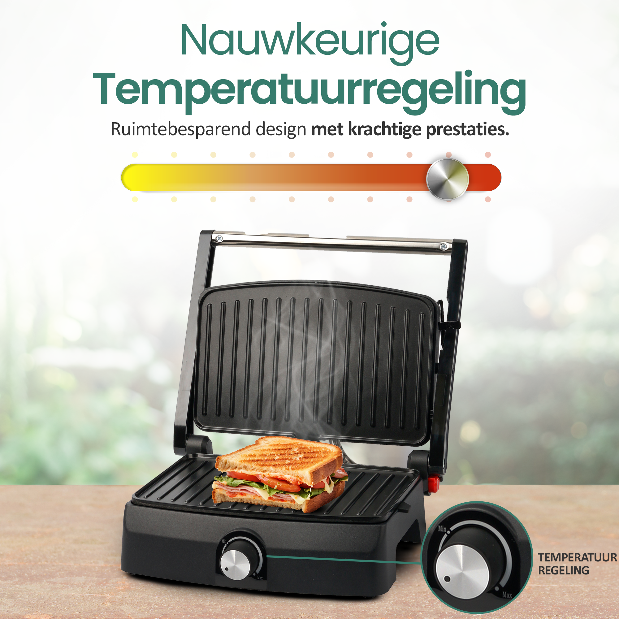 Ein schwarzer Sandwichmaker mit einem getoasteten Sandwich. Auf der rechten Seite befindet sich ein Temperaturregler. Text: Nauwkeurige Temperatuurregeling.