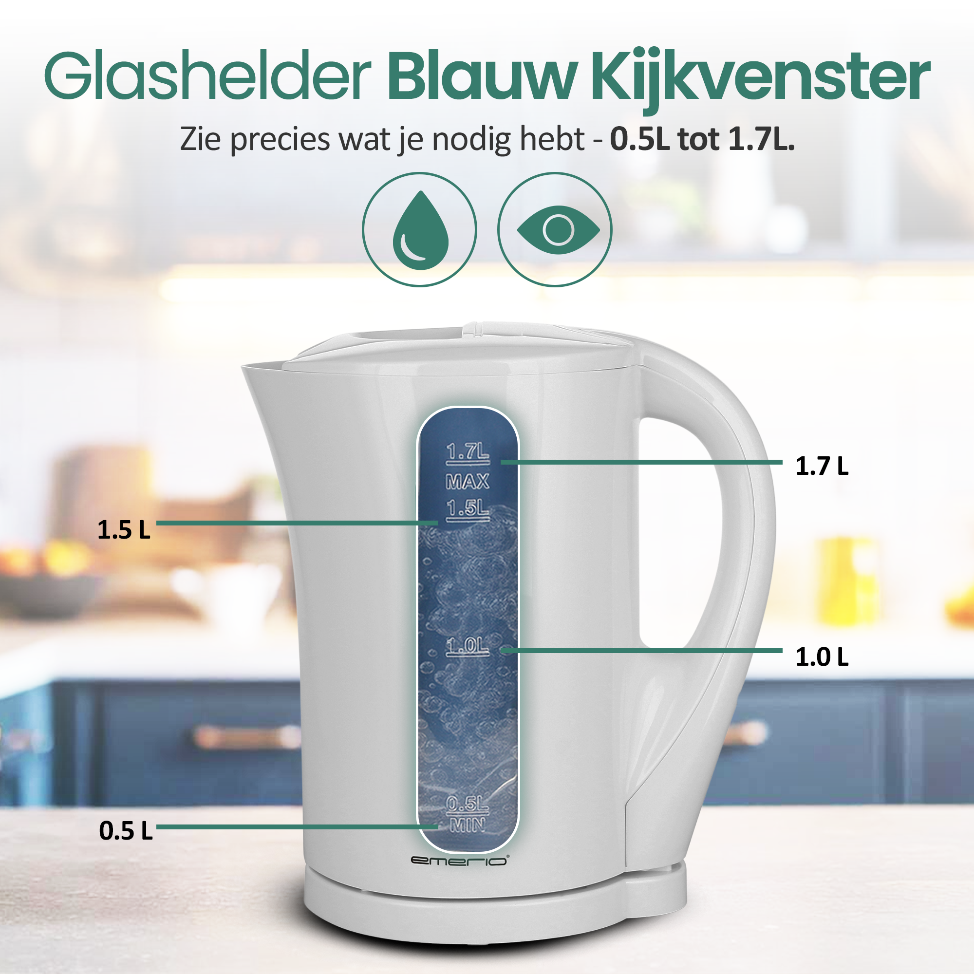 Een witte elektrische waterkoker met een blauw venster dat waterstanden (0,5L tot 1,7L) toont. Tekstlabels geven de capaciteit aan.