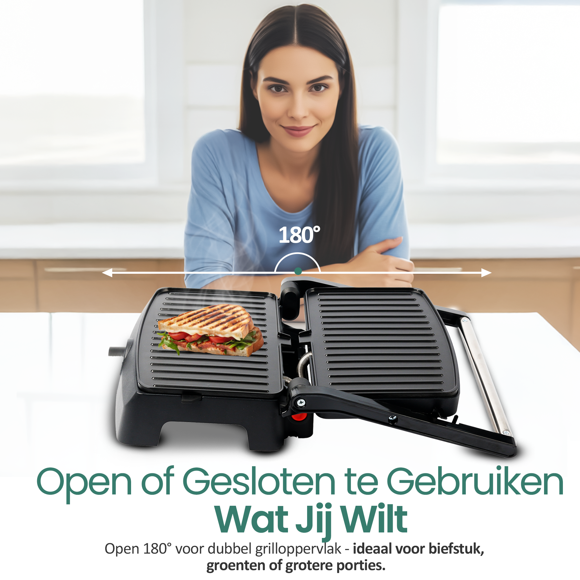 Eine Frau lächelt über einem schwarzen Grill mit einem Sandwich. Der Grill ist um 180 Grad geöffnet. Text: Offen oder Geschlossen, Was Sie wollen.