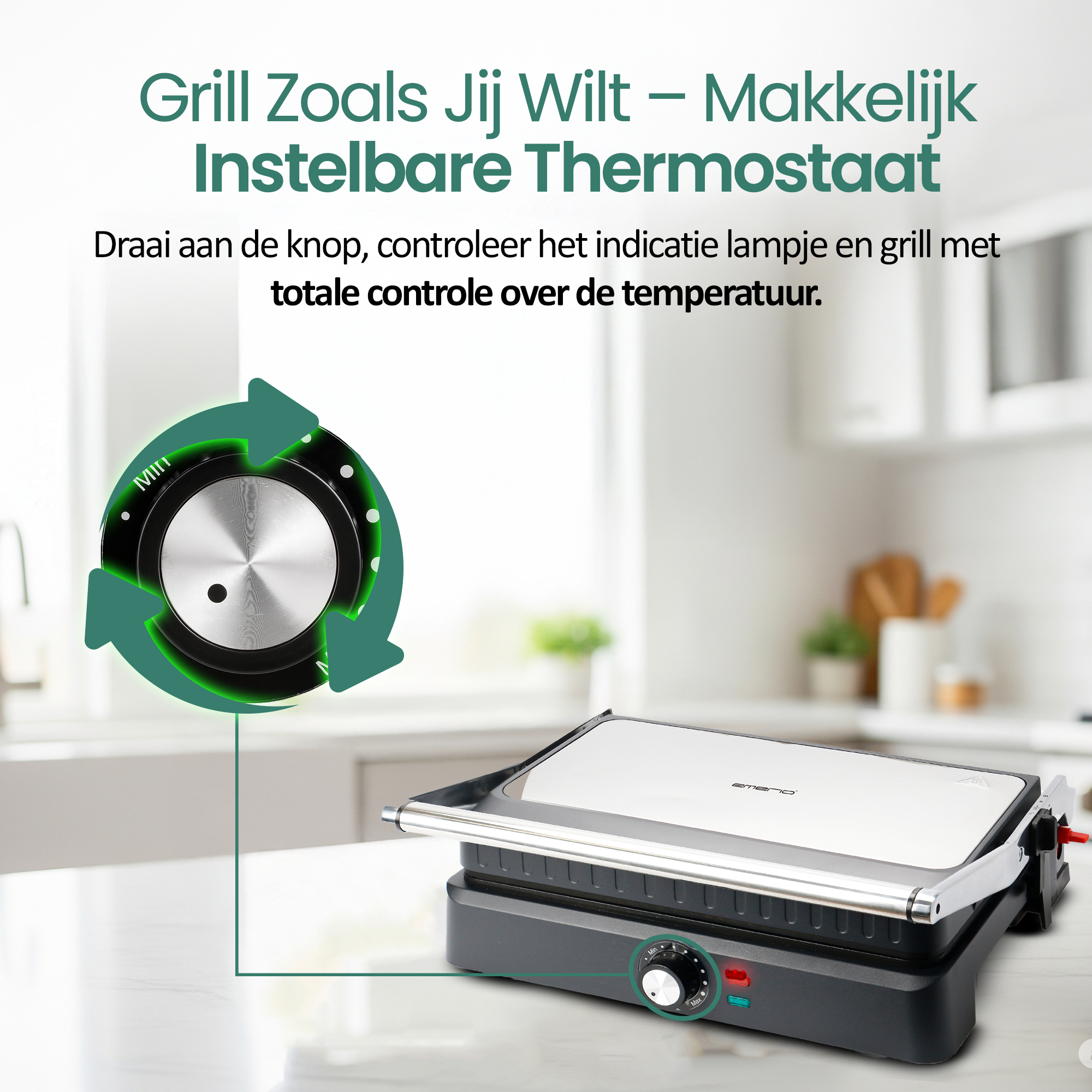 Un grill avec thermostat. Un cadran indique min et max. Le texte dit : Grillez comme vous voulez - Thermostat réglable.