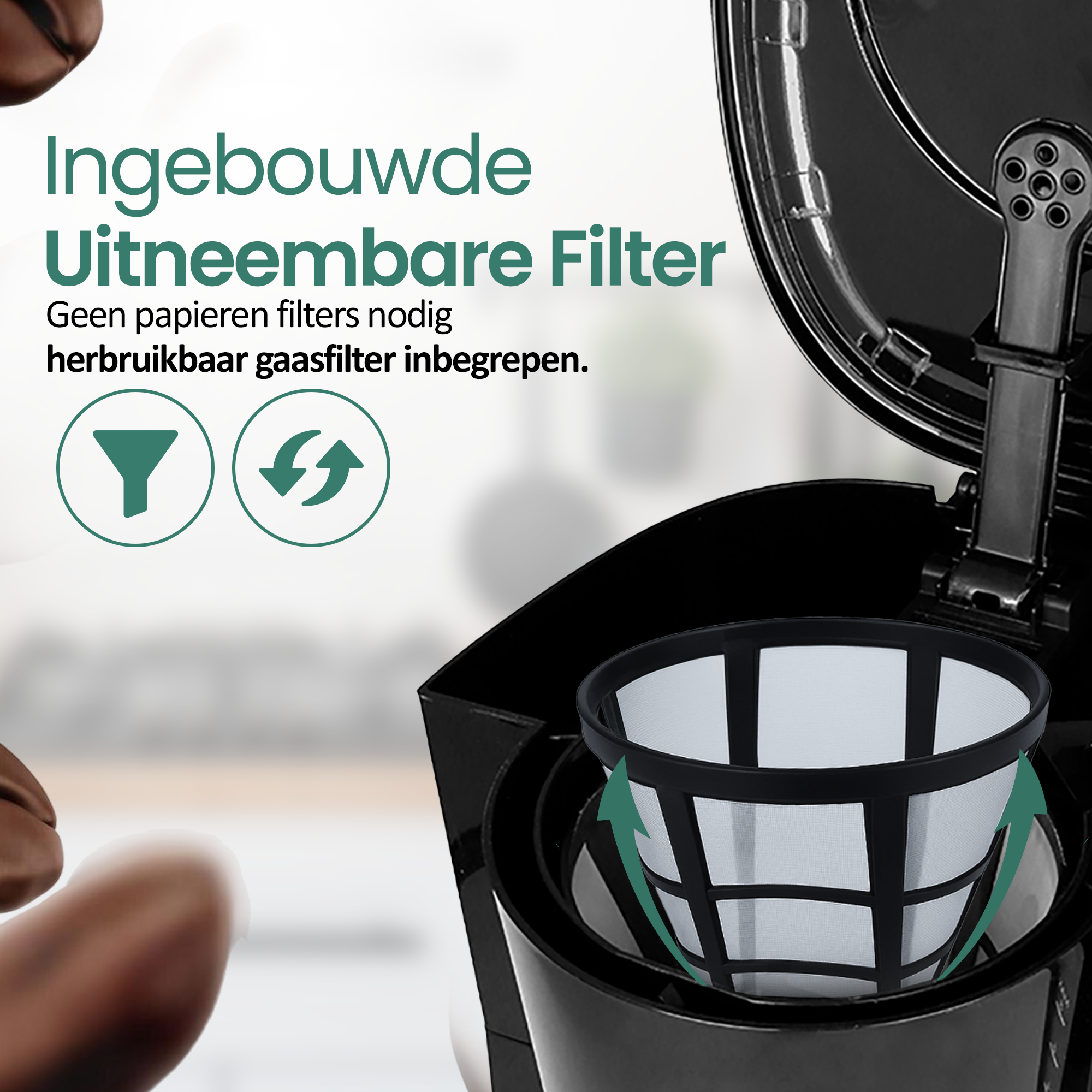 Pokazano filtr do ekspresu do kawy. Filtr jest biały i otoczony czarną ramką. Tekst w języku niderlandzkim znajduje się na górze.