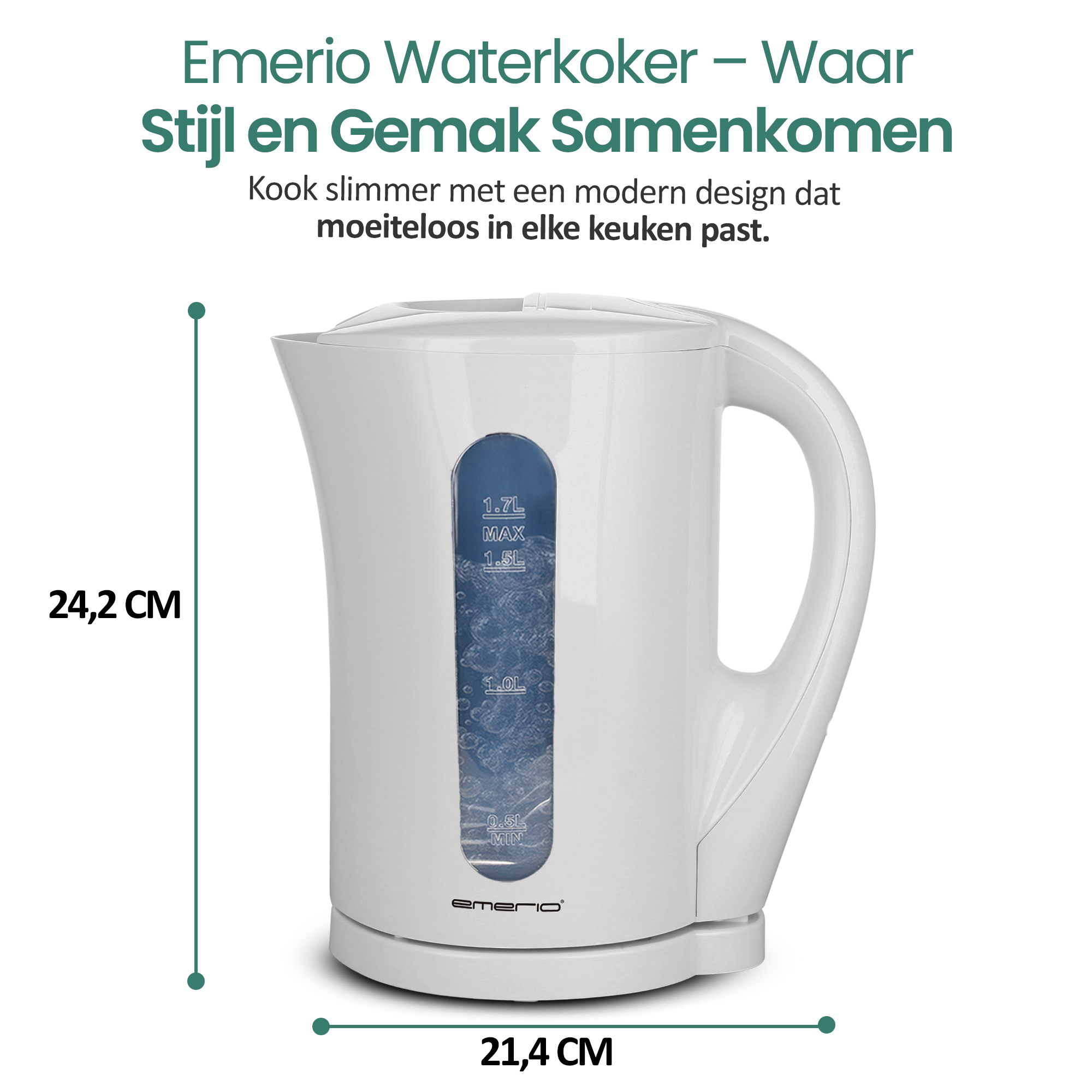 Een witte elektrische waterkoker met een blauwe waterniveau-indicator. Afmetingen worden weergegeven. Tekst bovenaan beschrijft het product.