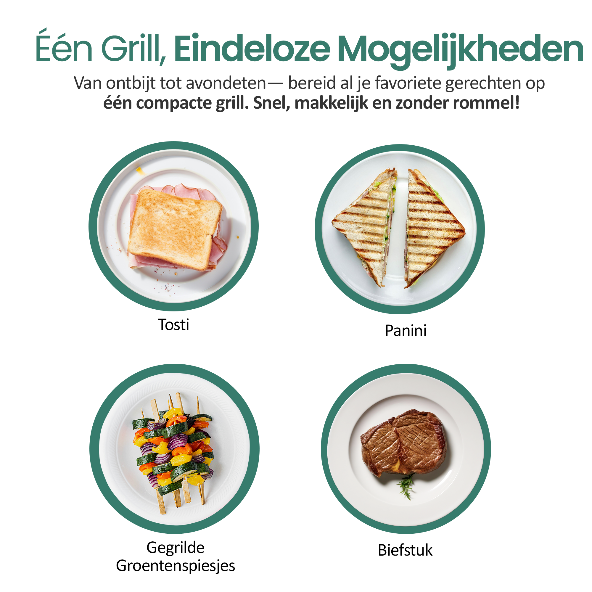 Das Bild zeigt einen Grill mit Beispielen für Speisen: Toast, Panini, gegrillte Gemüsespieße und Steak.