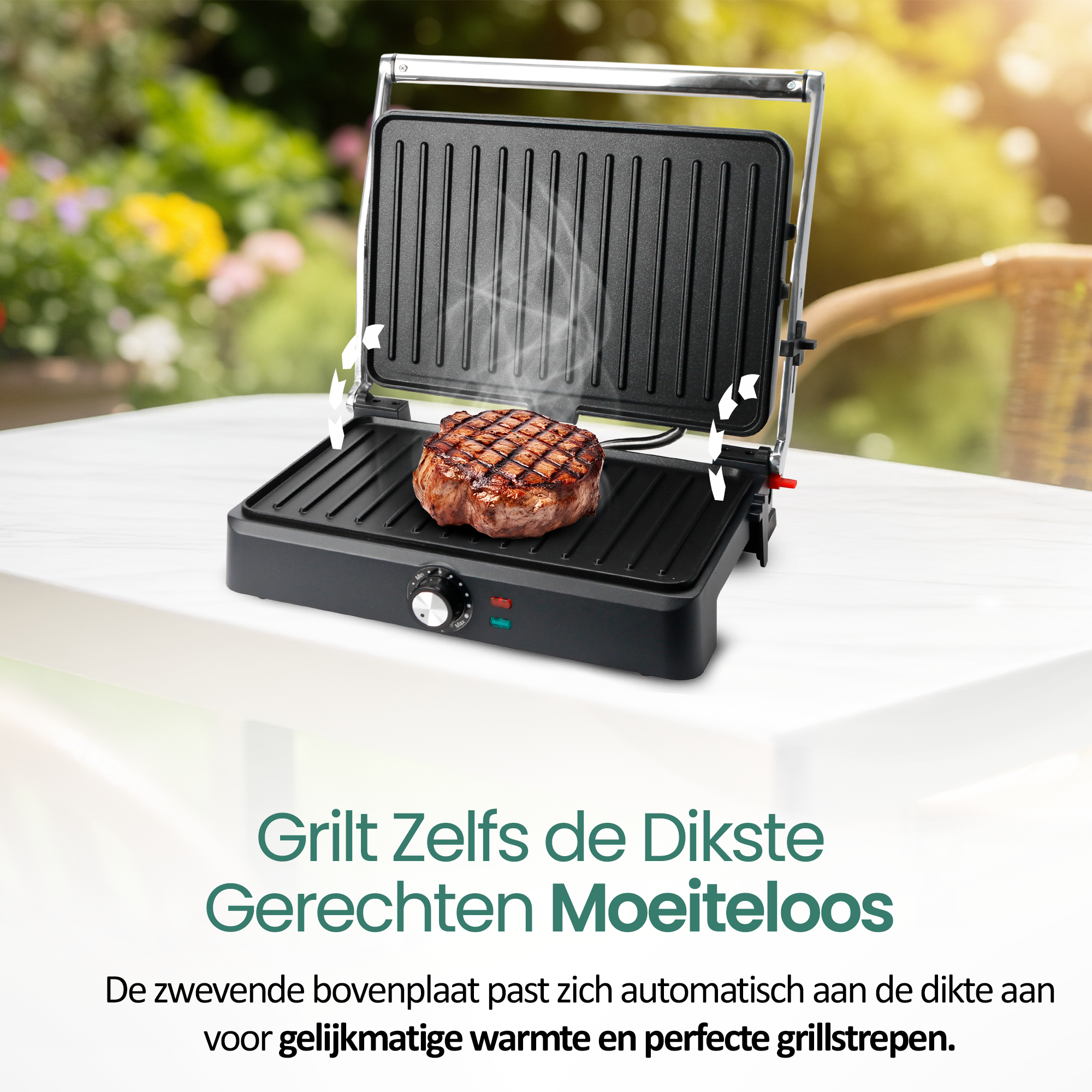 Un grill avec un steak en train de cuire. De la fumée s'élève. Le texte en bas dit qu'il grille les plats les plus épais avec facilité.