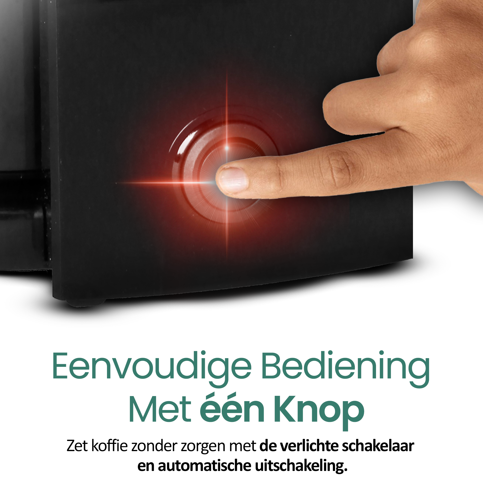 Palec naciska świecący na czerwono przycisk na czarnym urządzeniu. Tekst brzmi: Łatwa obsługa jednym przyciskiem.