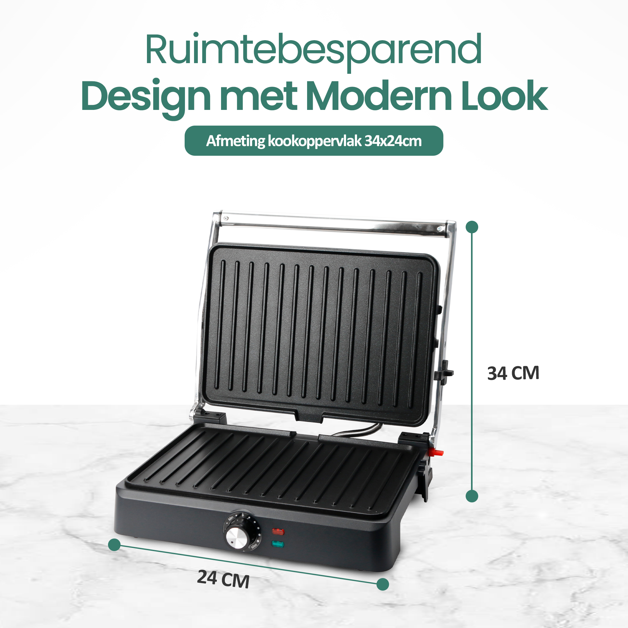 Un grill noir d'aspect moderne est présenté. Il mesure 34x24 cm. Le fond est blanc.