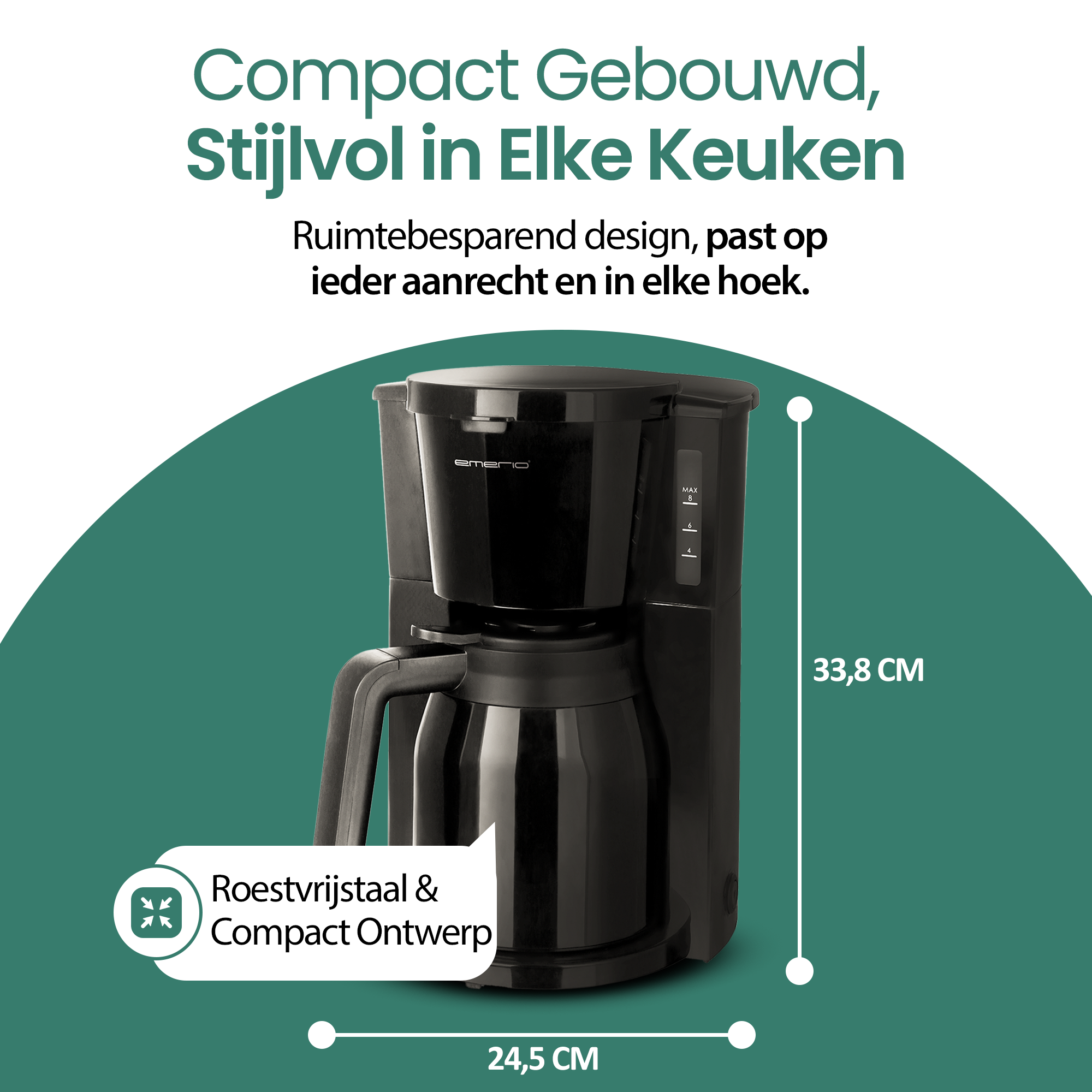 Czarny ekspres do kawy na zielonym tle, z białym tekstem i wymiarami w cm.