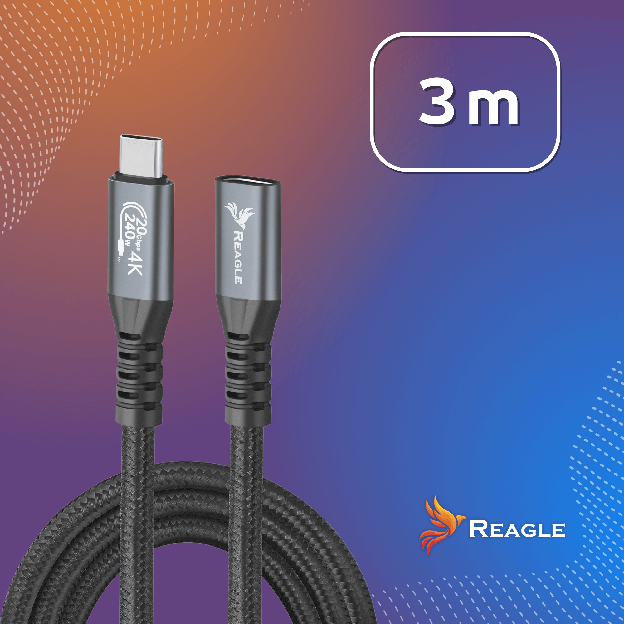 Czarny kabel USB-C z szarymi złączami, o długości 3m, z marką REAGLE, na gradientowym tle.