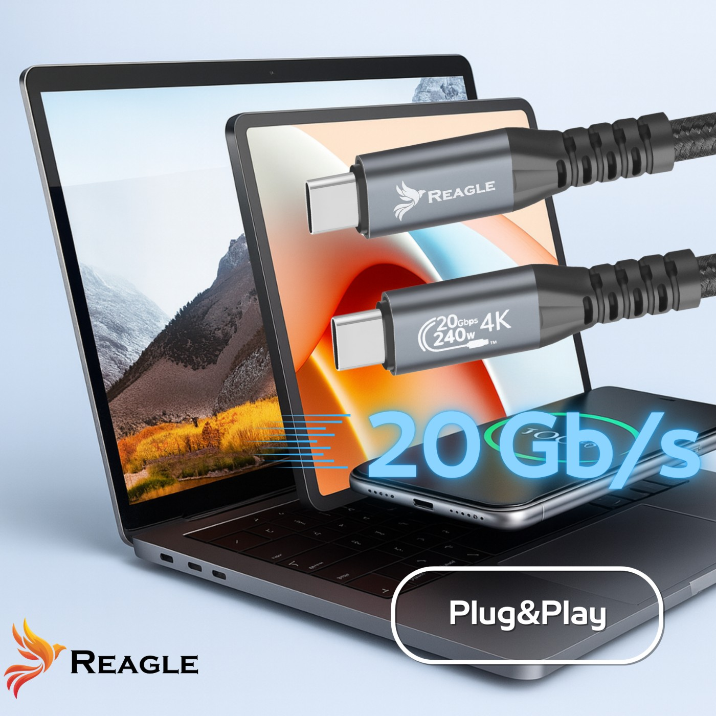 Laptop z kablami i telefonem. Kable podłączone do laptopa i telefonu, pokazujące transfer danych 20 Gb/s. Marka to REAGLE.