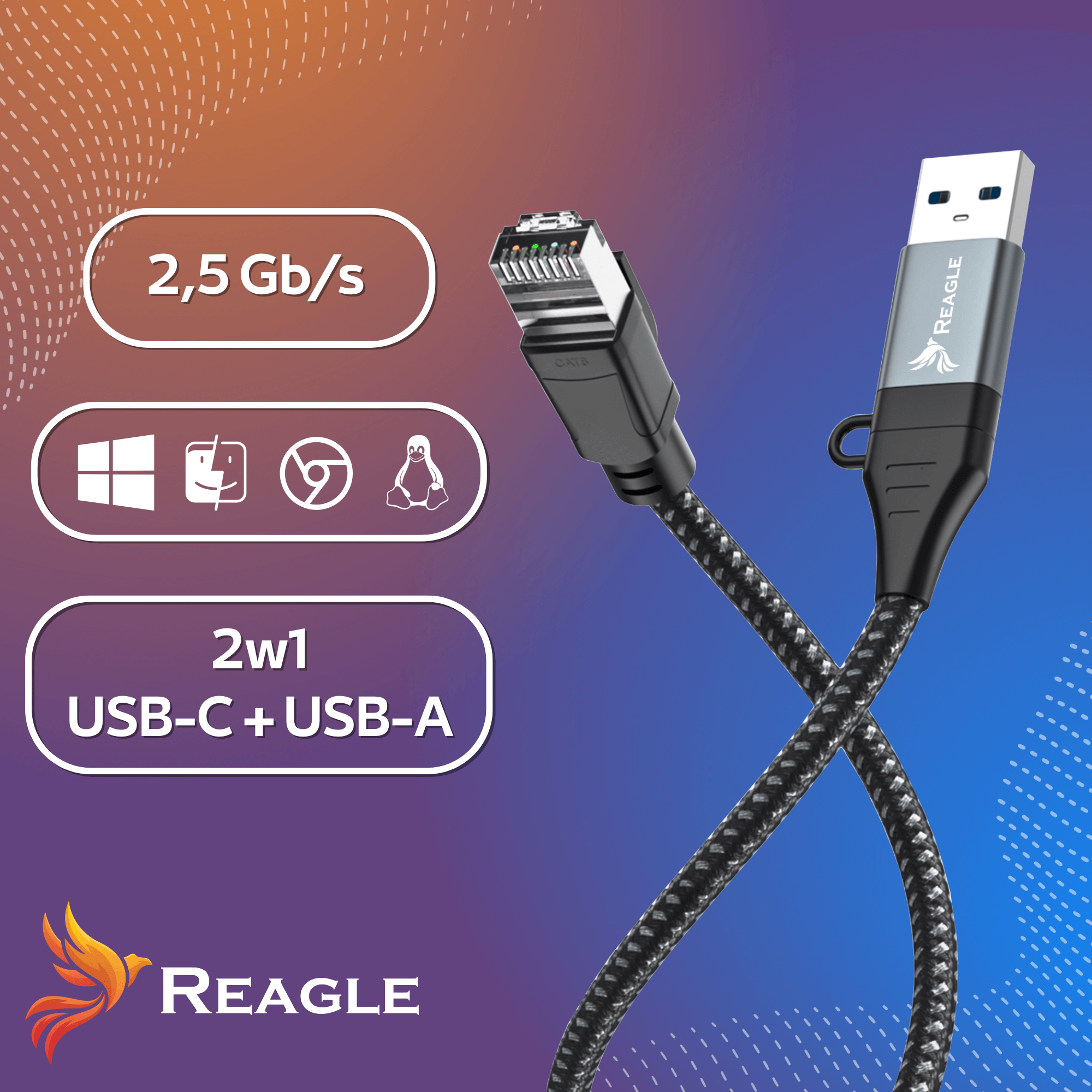 Obraz przedstawia czarny kabel USB ze złączami RJ45 i USB-A, z etykietami tekstowymi wskazującymi prędkość i funkcje. Marka to Reagle.