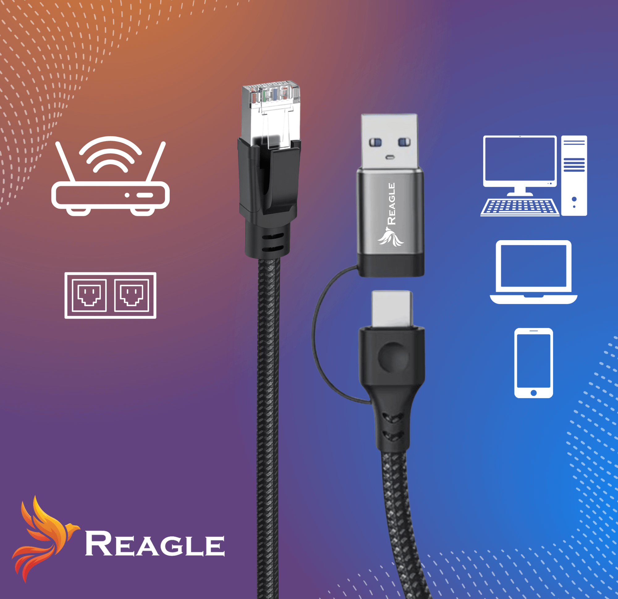 Obraz przedstawia kabel Ethernet i adapter USB-C. Ikony routera, komputera, laptopa i telefonu są również obecne.