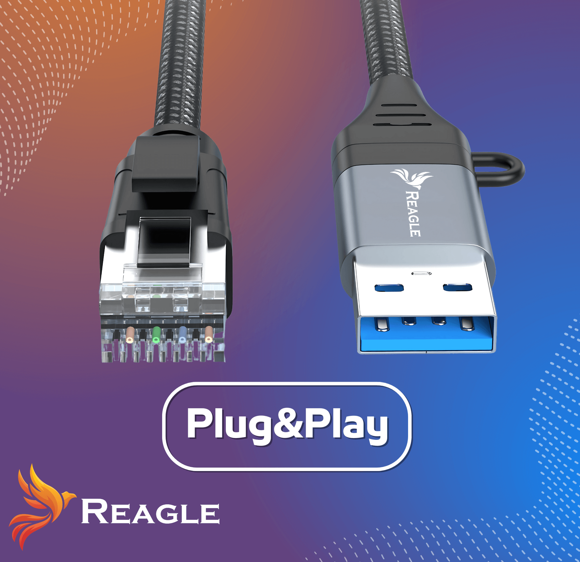 Obrazek przedstawia kabel USB i kabel Ethernet na tle gradientu. Widoczna jest również etykieta 'Plug&Play'.