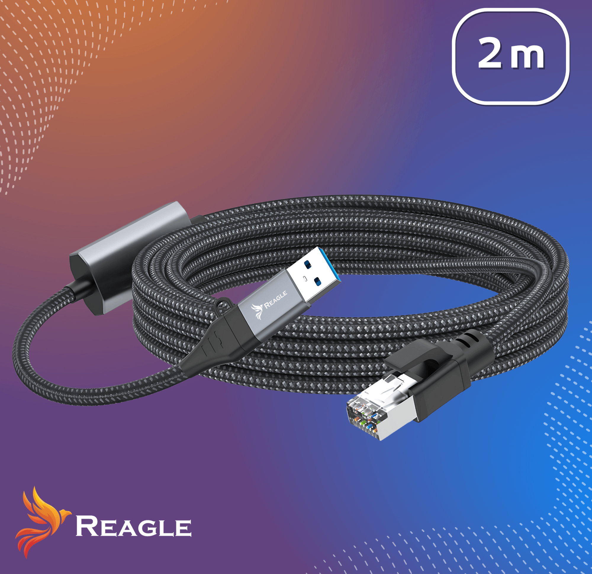 Szary i czarny kabel USB z etykietą 2 m. Tło jest gradientowe niebiesko-pomarańczowe z logo Reagle.