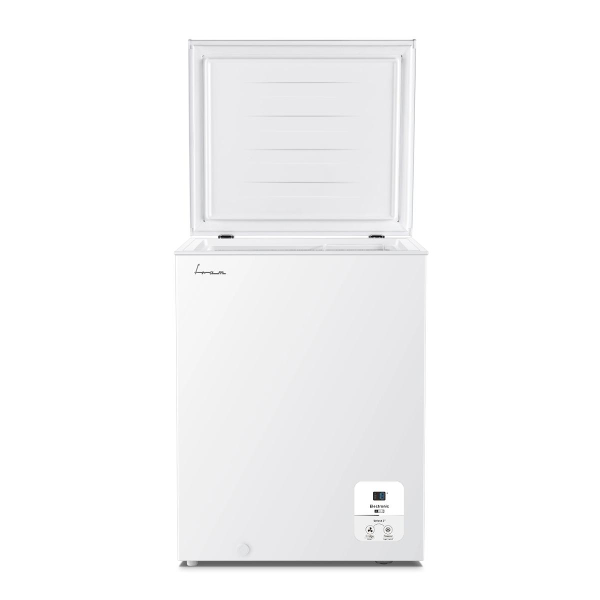 A white chest freezer with the lid open. It has a control panel on the bottom right and a brand name on the top left.
