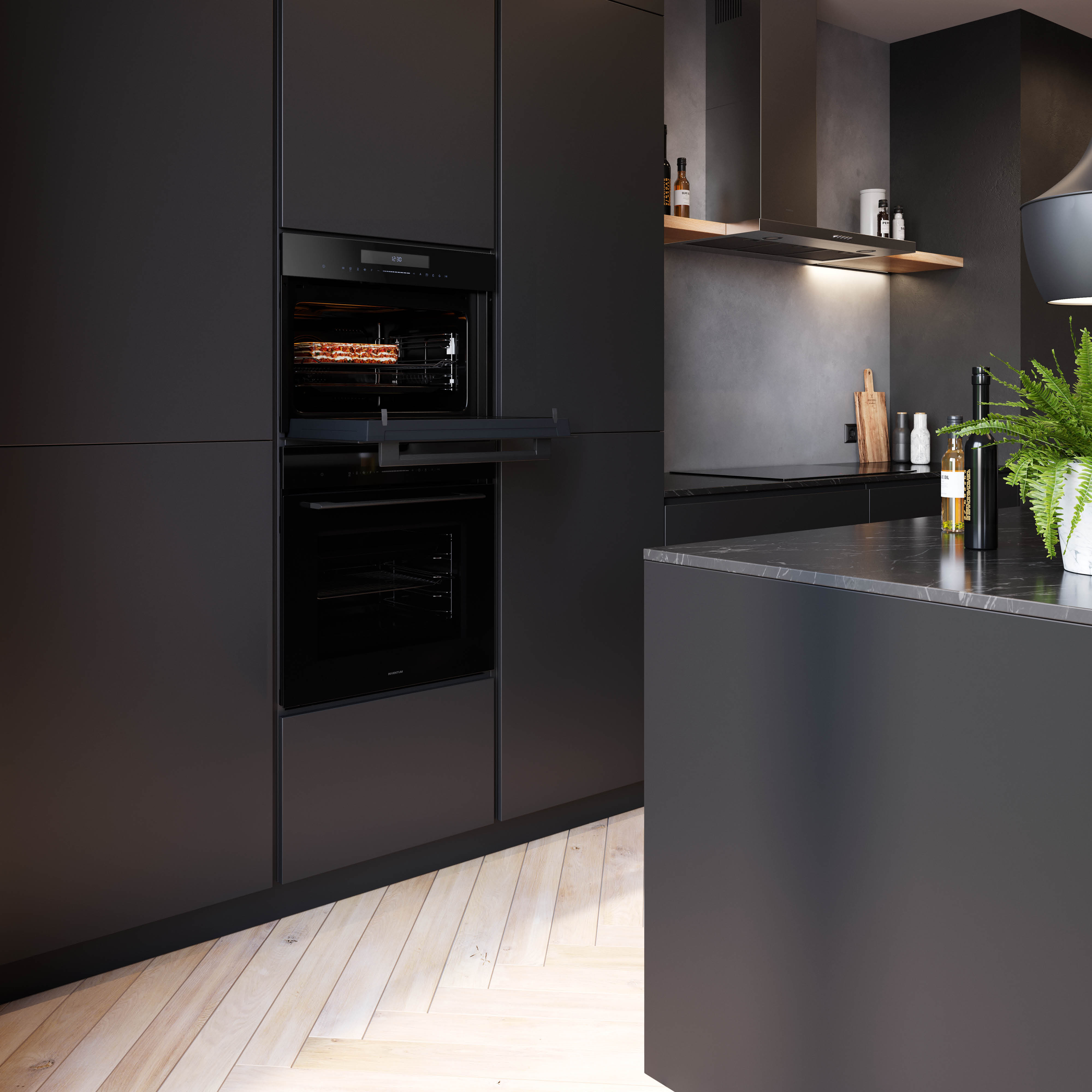 A modern kitchen with a dark oven, open to reveal food. Countertop with plants. Wooden floor.