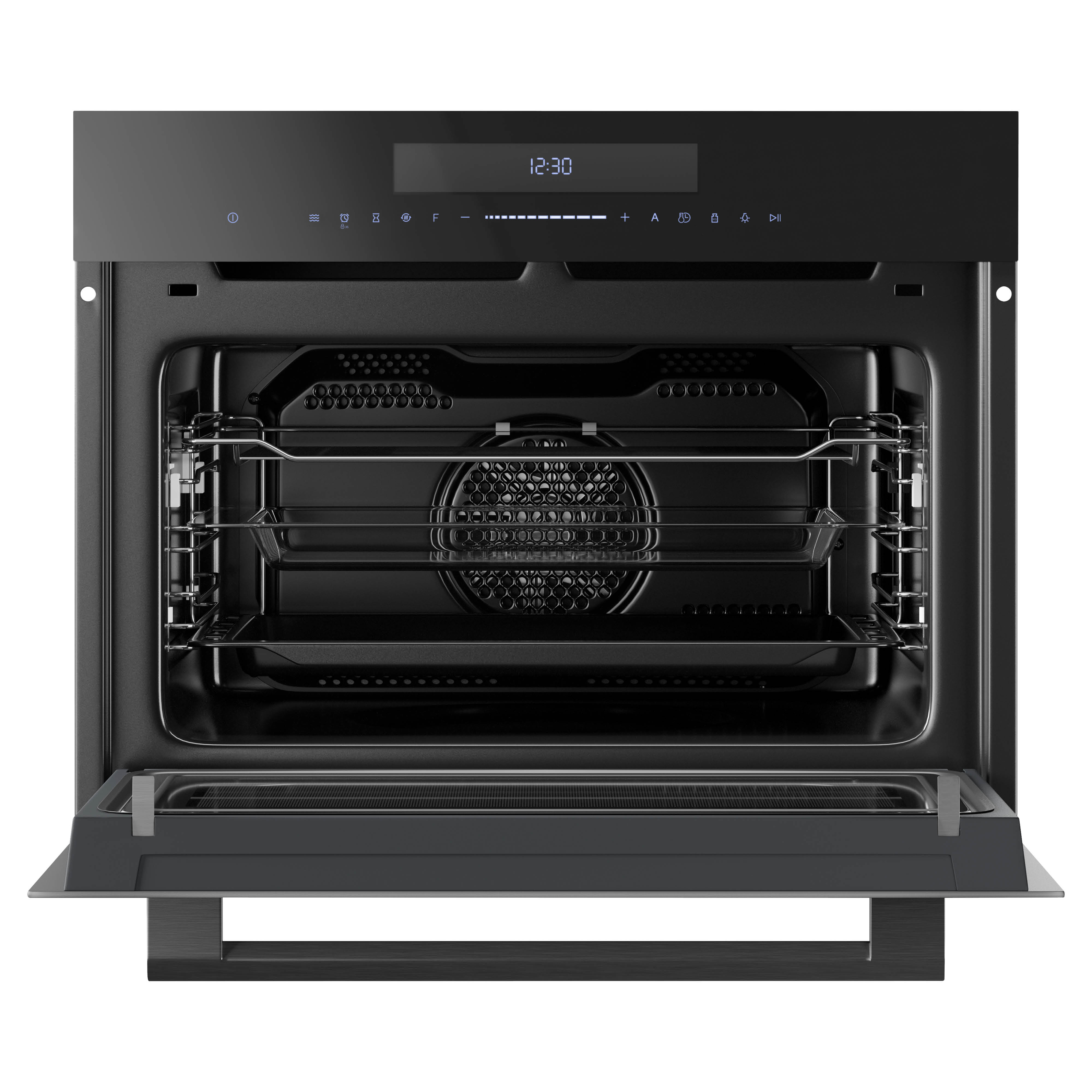 A black oven is open. The oven door is down. Inside, there are racks and a tray. The display shows 12:30.