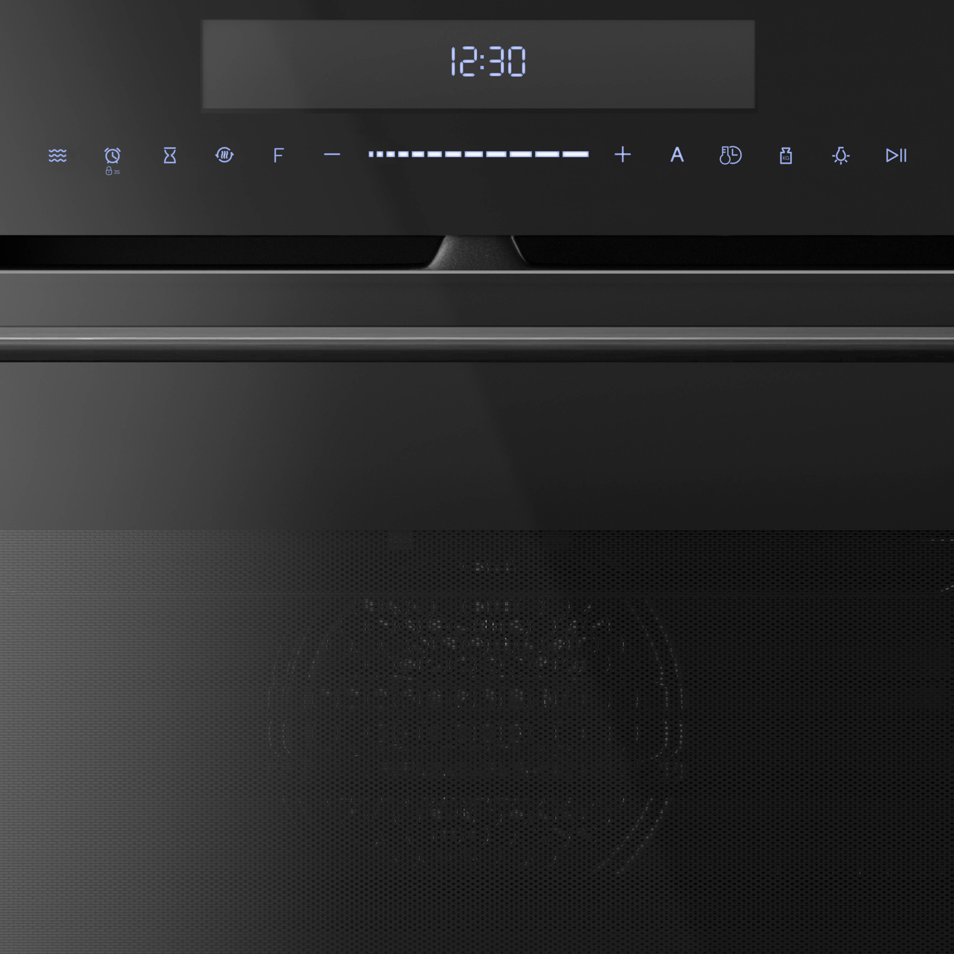 Black oven control panel with digital clock displaying 12:30, various icons, and control buttons.