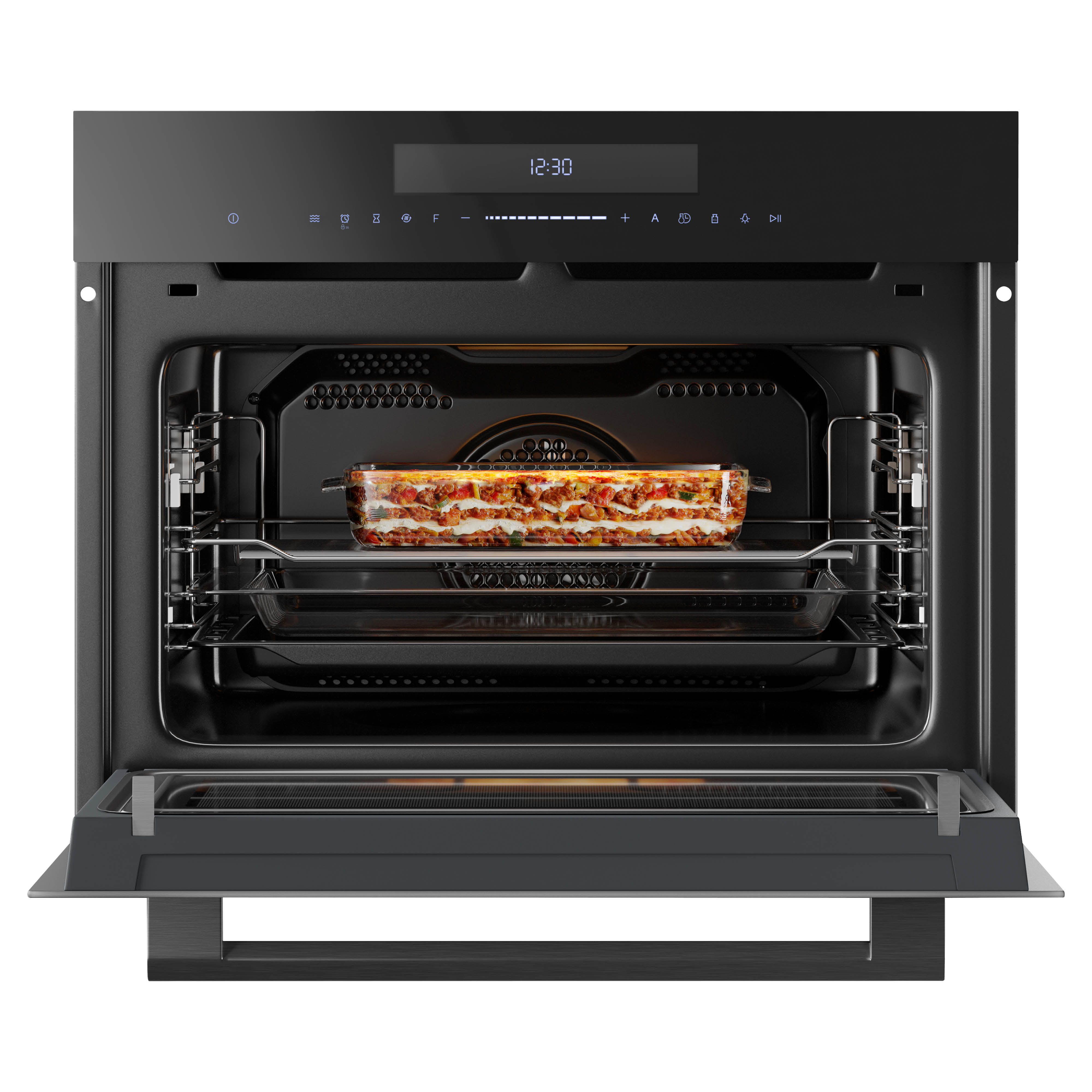 An open oven displaying a lasagna. The oven is black with a digital clock displaying 12:30.