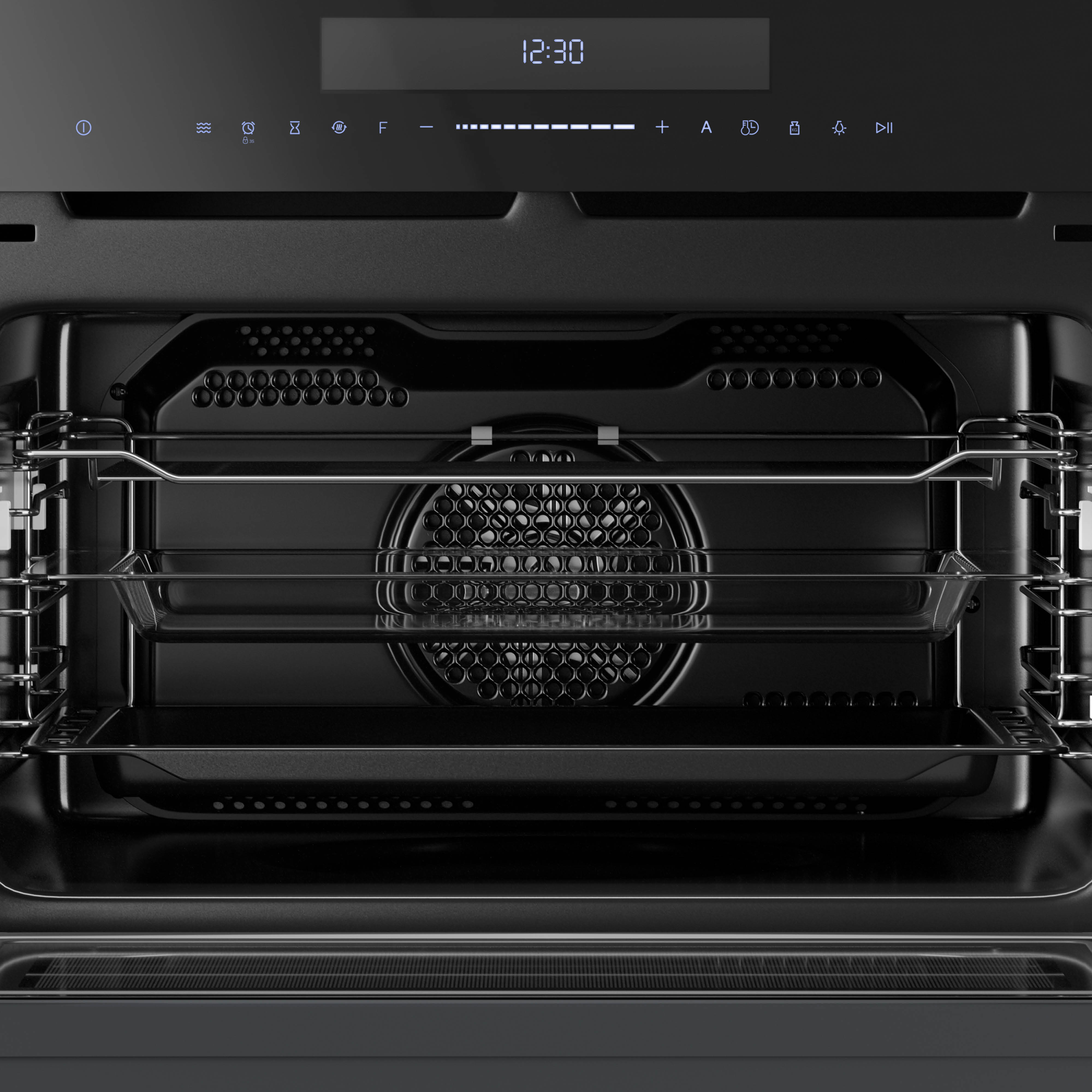 A black oven interior with racks. Top panel displays time and icons. Oven door is open.