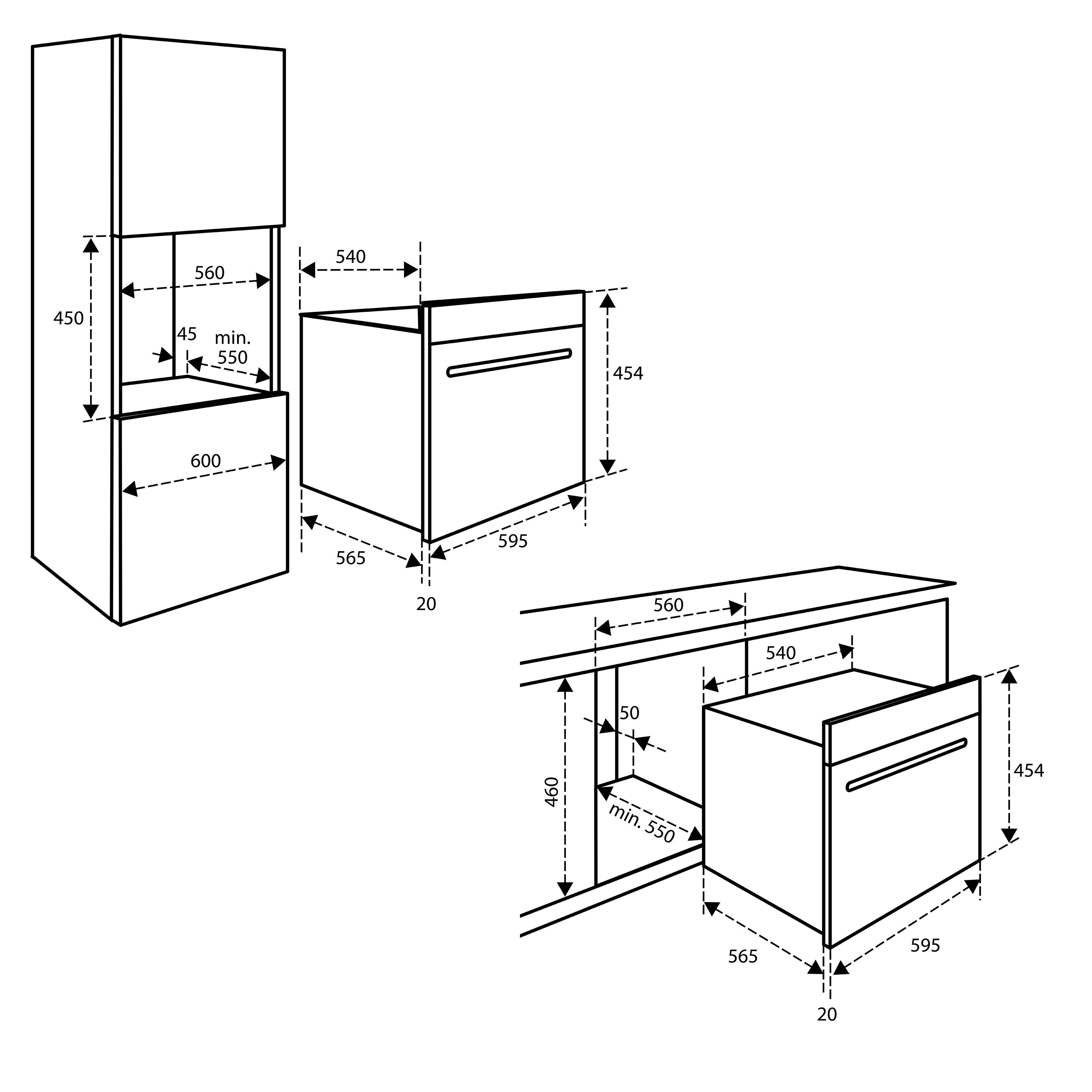Diagram of kitchen appliances with dimensions. Shows an oven and a microwave with measurements in millimeters.
