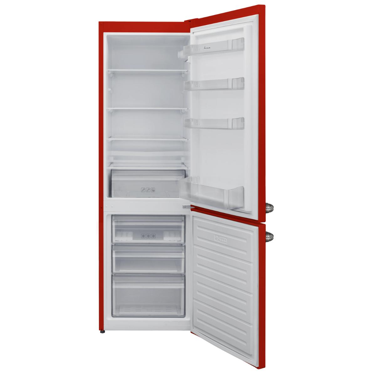 A red refrigerator with open doors, showing shelves, drawers, and a freezer compartment. The interior is white.