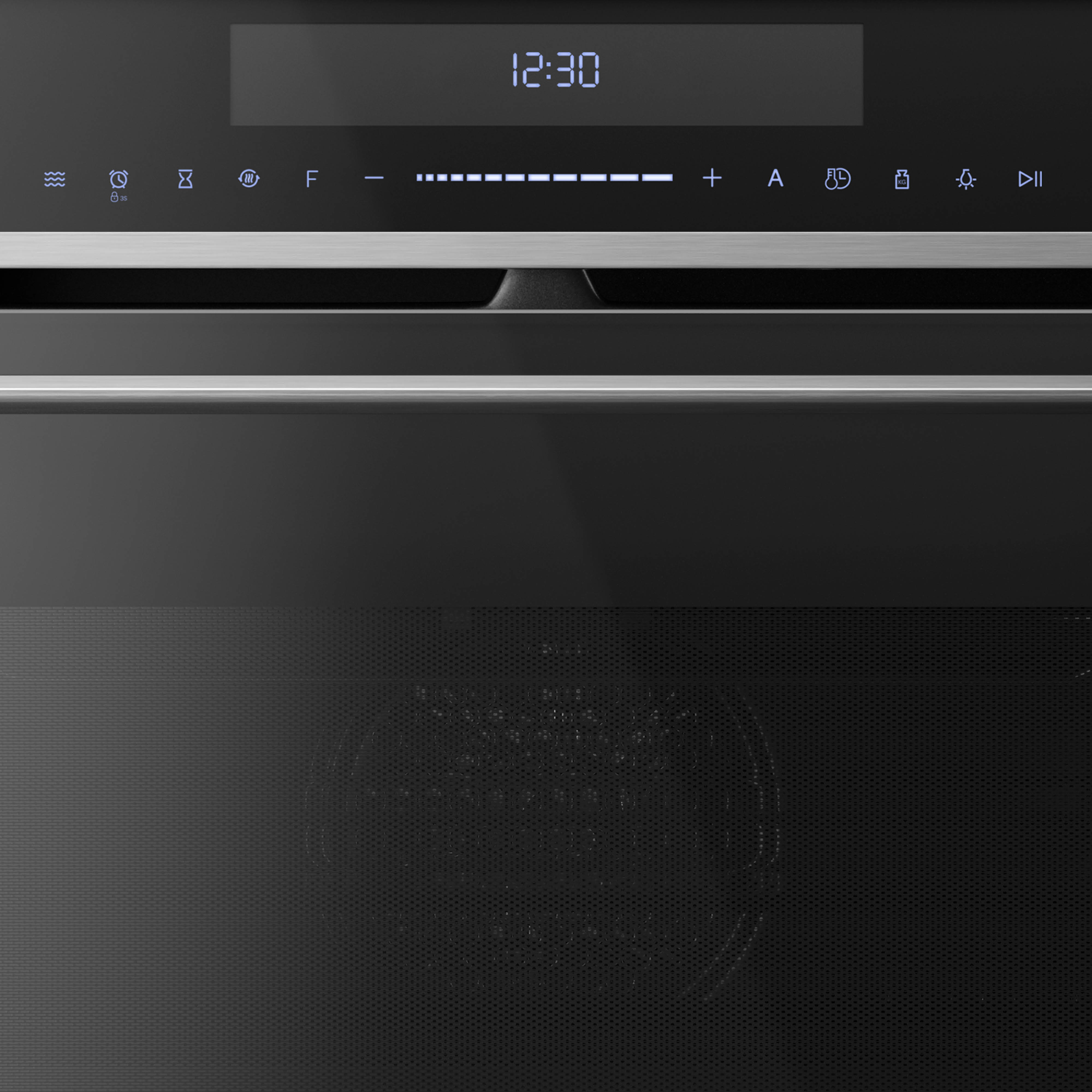 Close-up of an oven control panel. It displays the time, function symbols, and temperature settings.