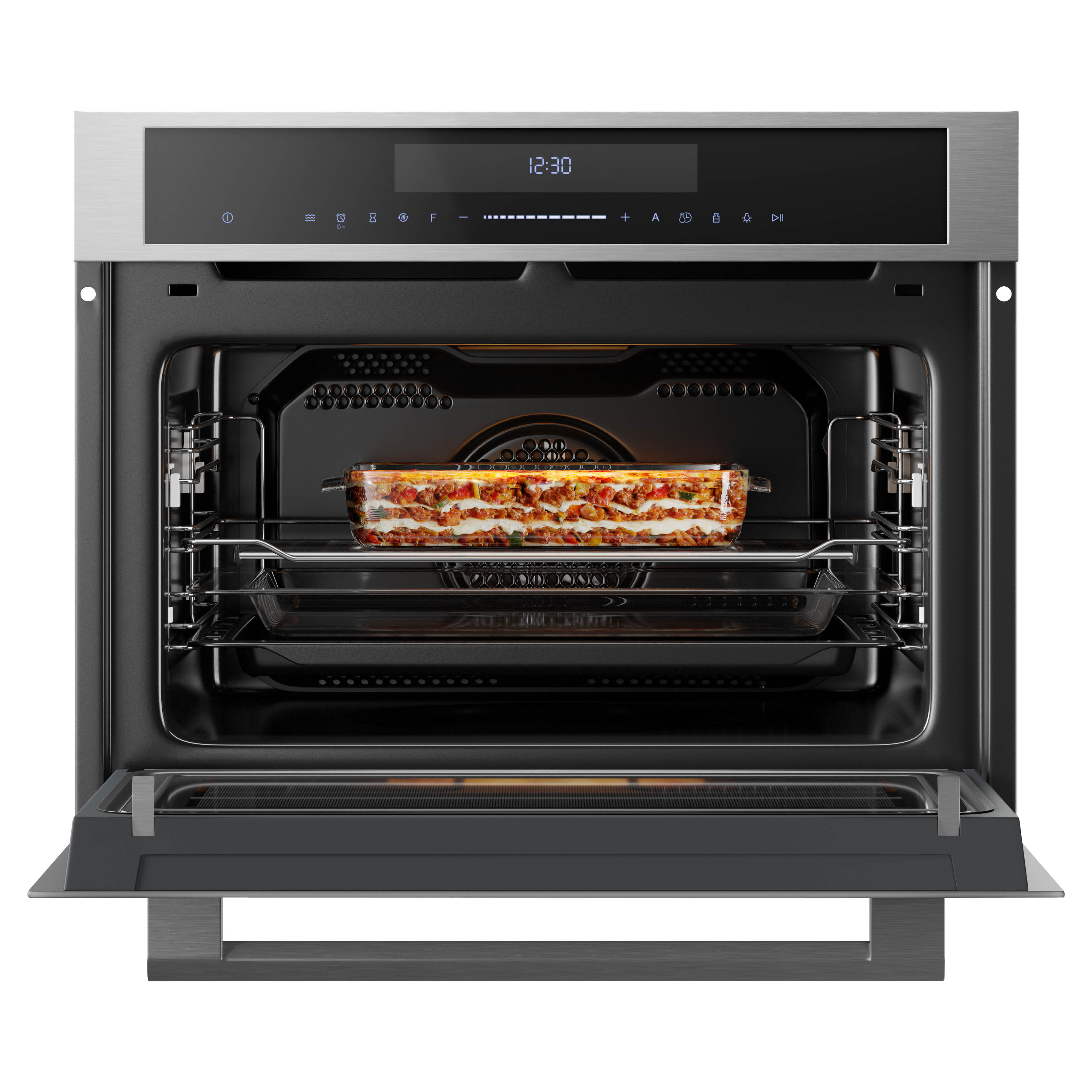 An oven with the door open, showing lasagna inside. The oven is silver and black, with a digital display showing the time.
