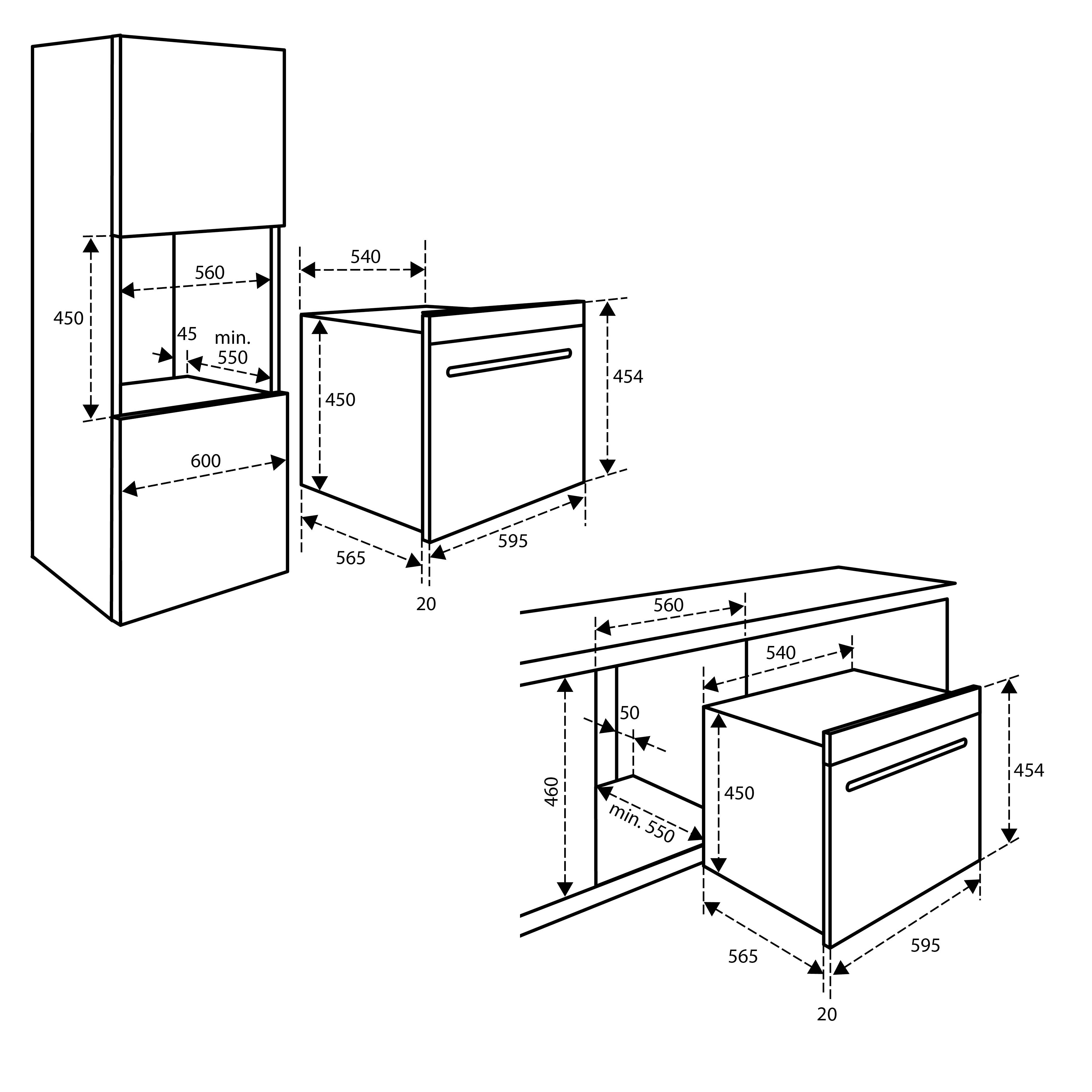 Diagram of a built-in oven and a cabinet, showing dimensions with dashed lines and numbers in black.