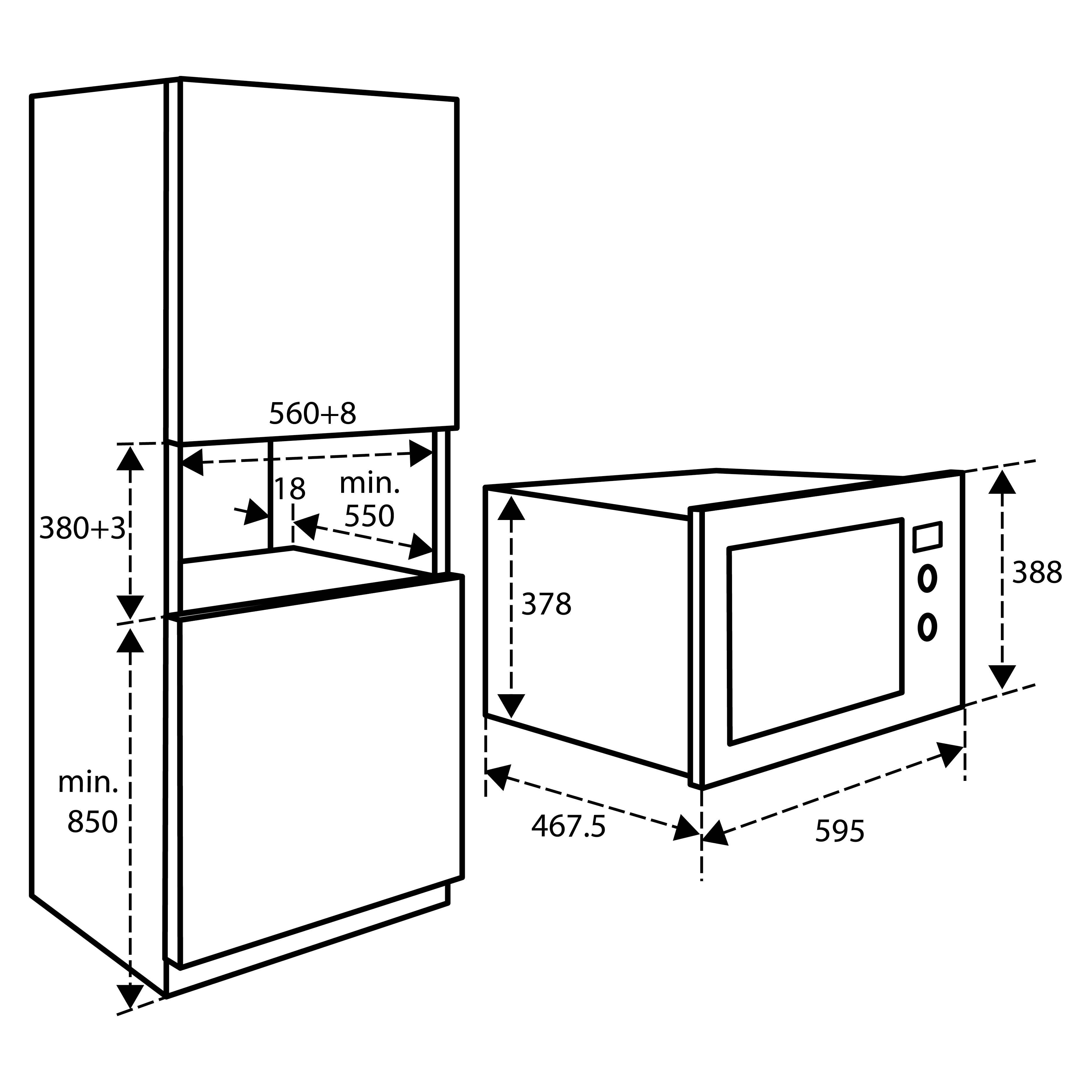 Dessin au trait d'un meuble de cuisine et d'un four à micro-ondes avec dimensions indiquées par des flèches et des chiffres.