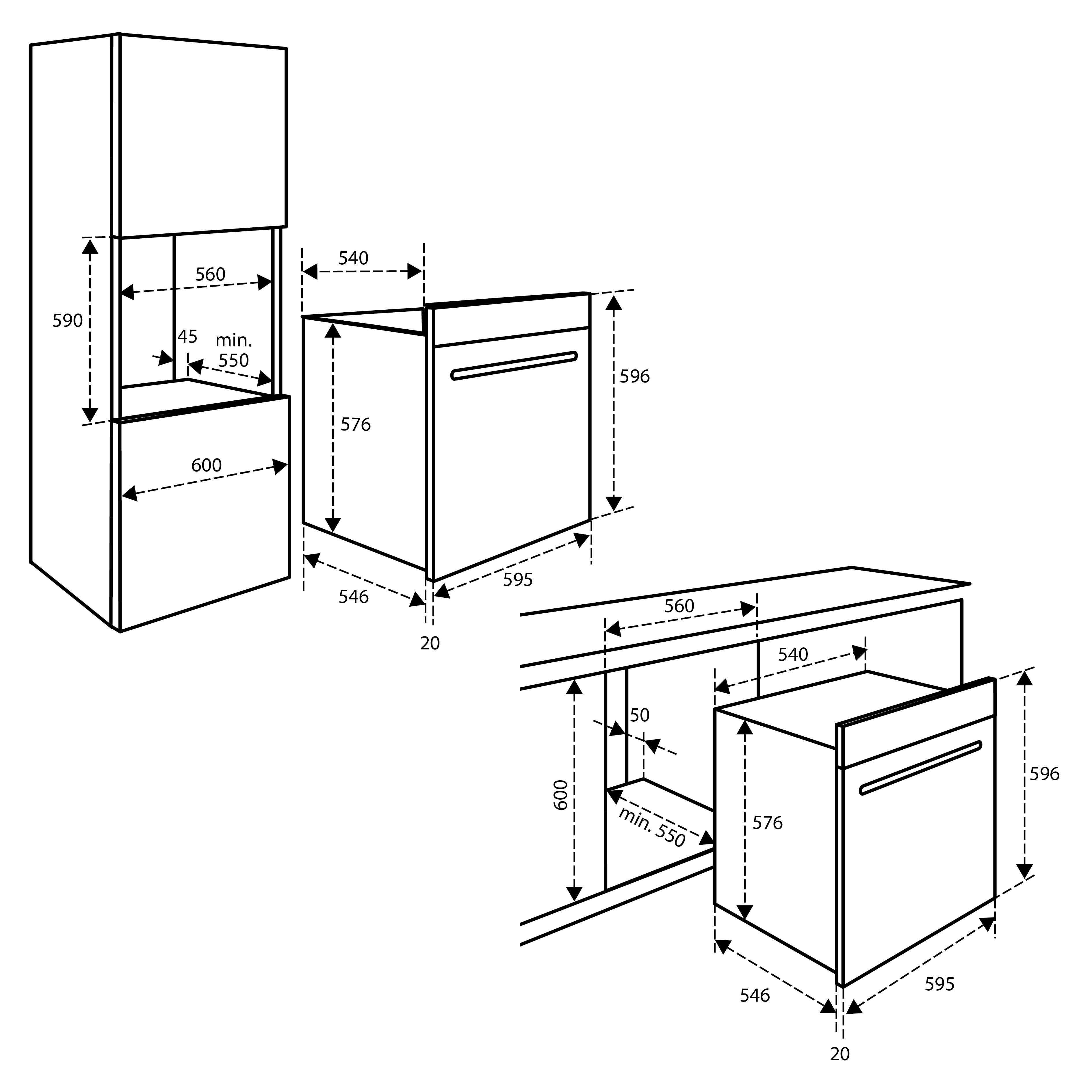 Diagram van een inbouwoven en magnetron met afmetingen. Inclusief maten voor hoogte, breedte en diepte.