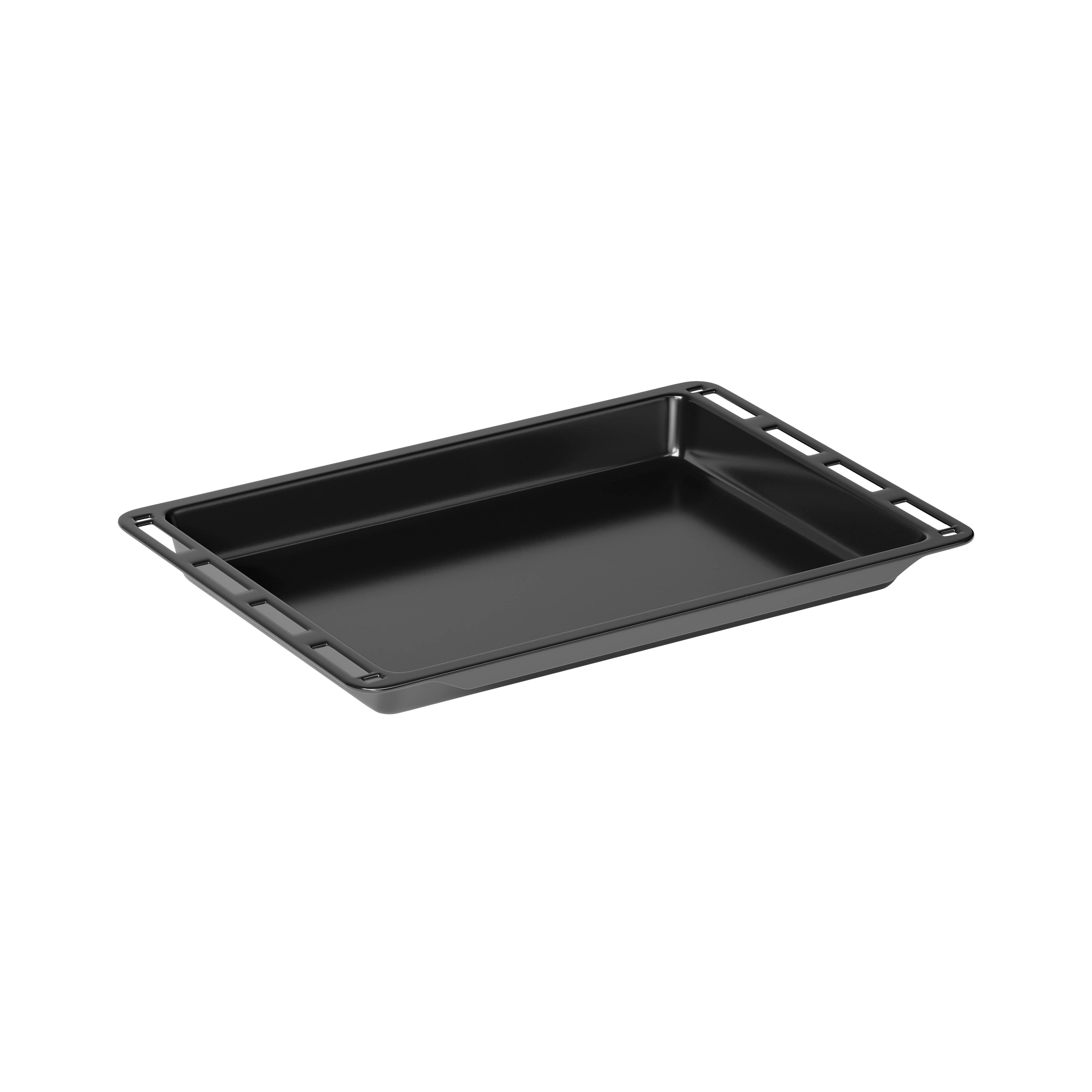 Een zwarte ovenplaat. Hij is rechthoekig met een iets verhoogde rand. De achtergrond is wit.