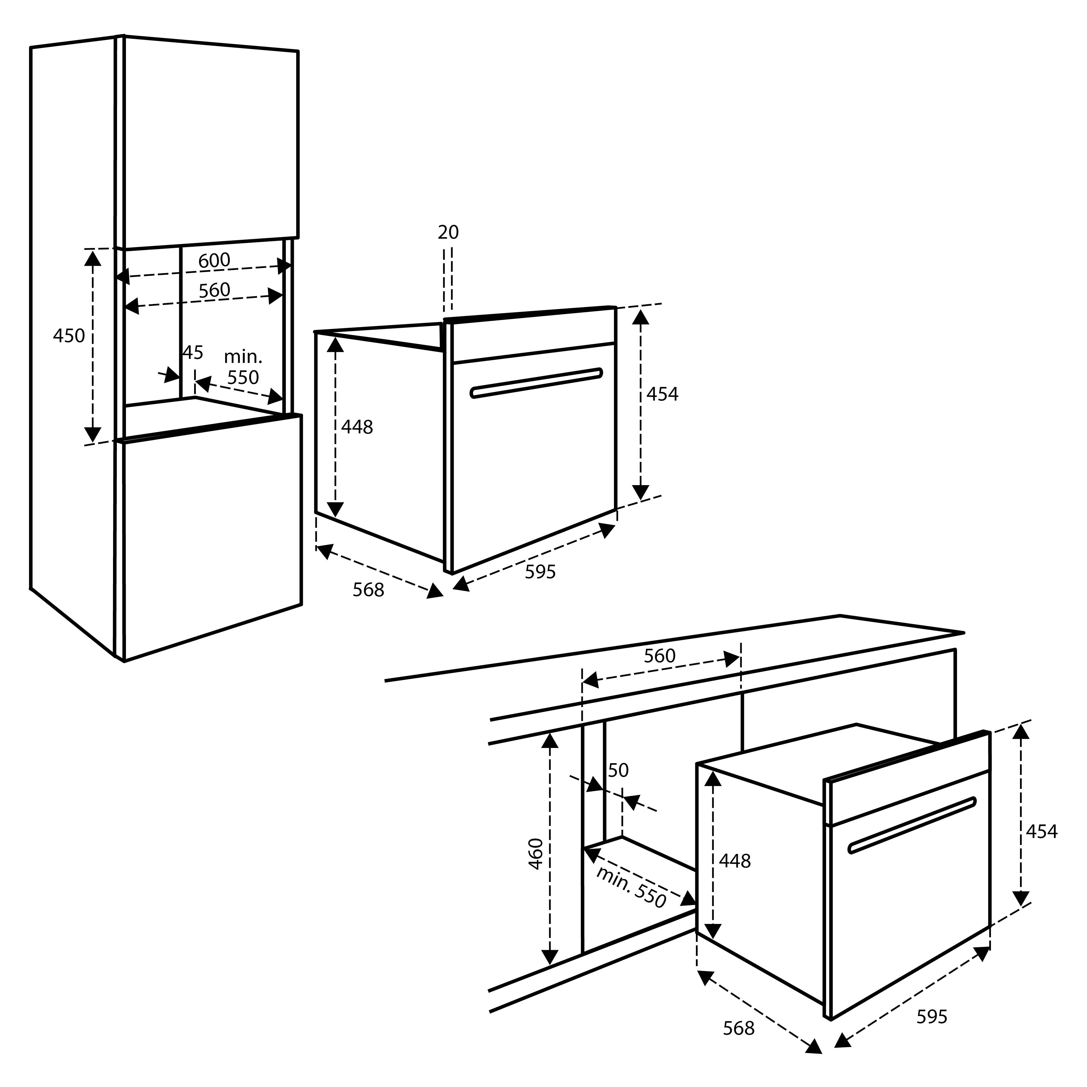 Diagram van een inbouwoven met afmetingen. Toont de oven en de omringende kast met afmetingen.
