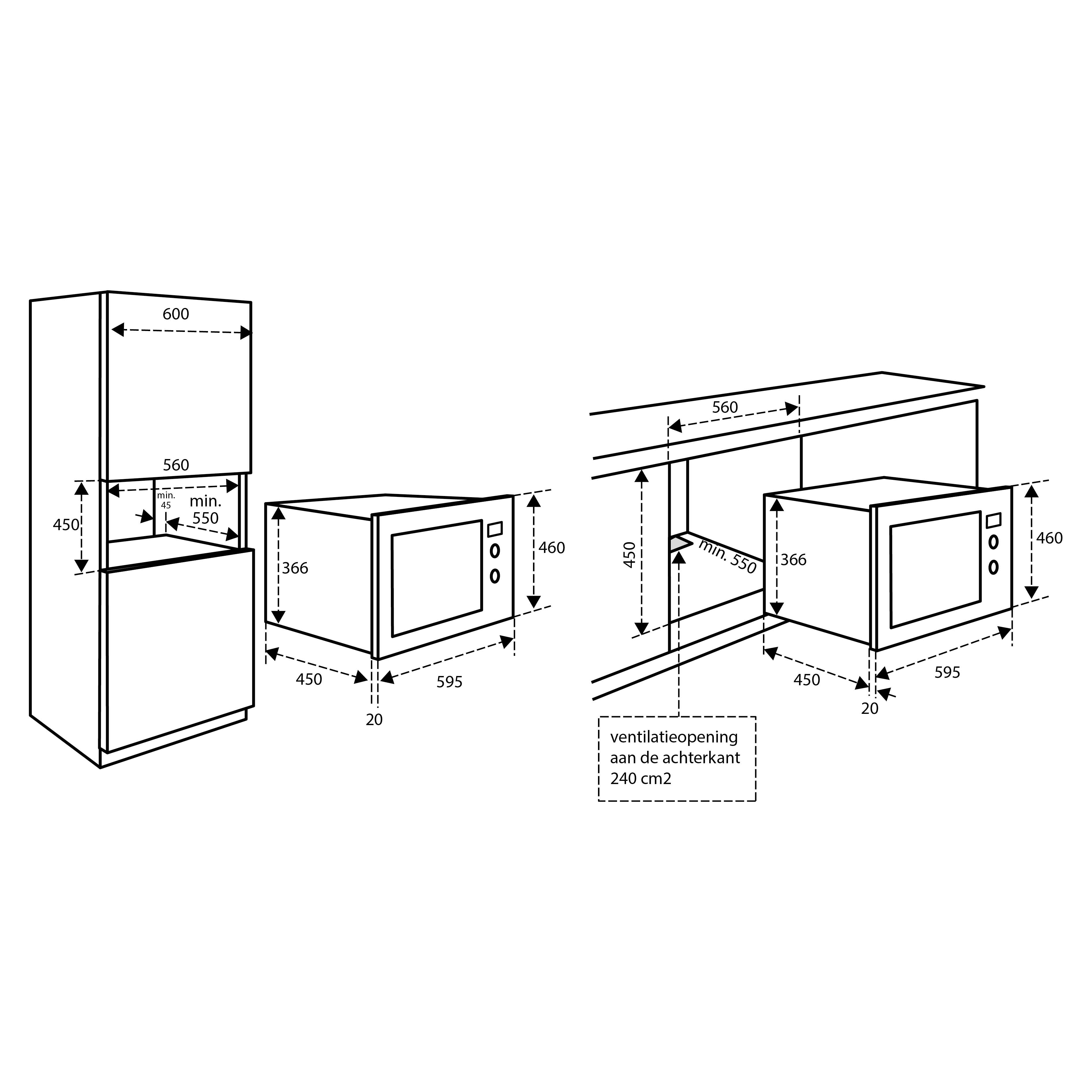 Diagram van ingebouwde keukenapparatuur, waaronder een magnetron en oven met afmetingen in millimeters.
