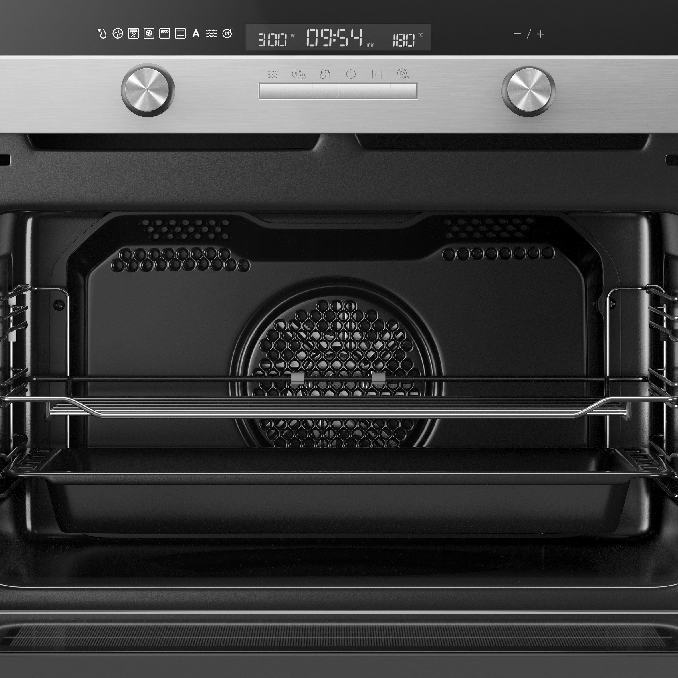 Close-up van een oveninterieur. Het heeft roosters, een ventilator en een digitaal display.