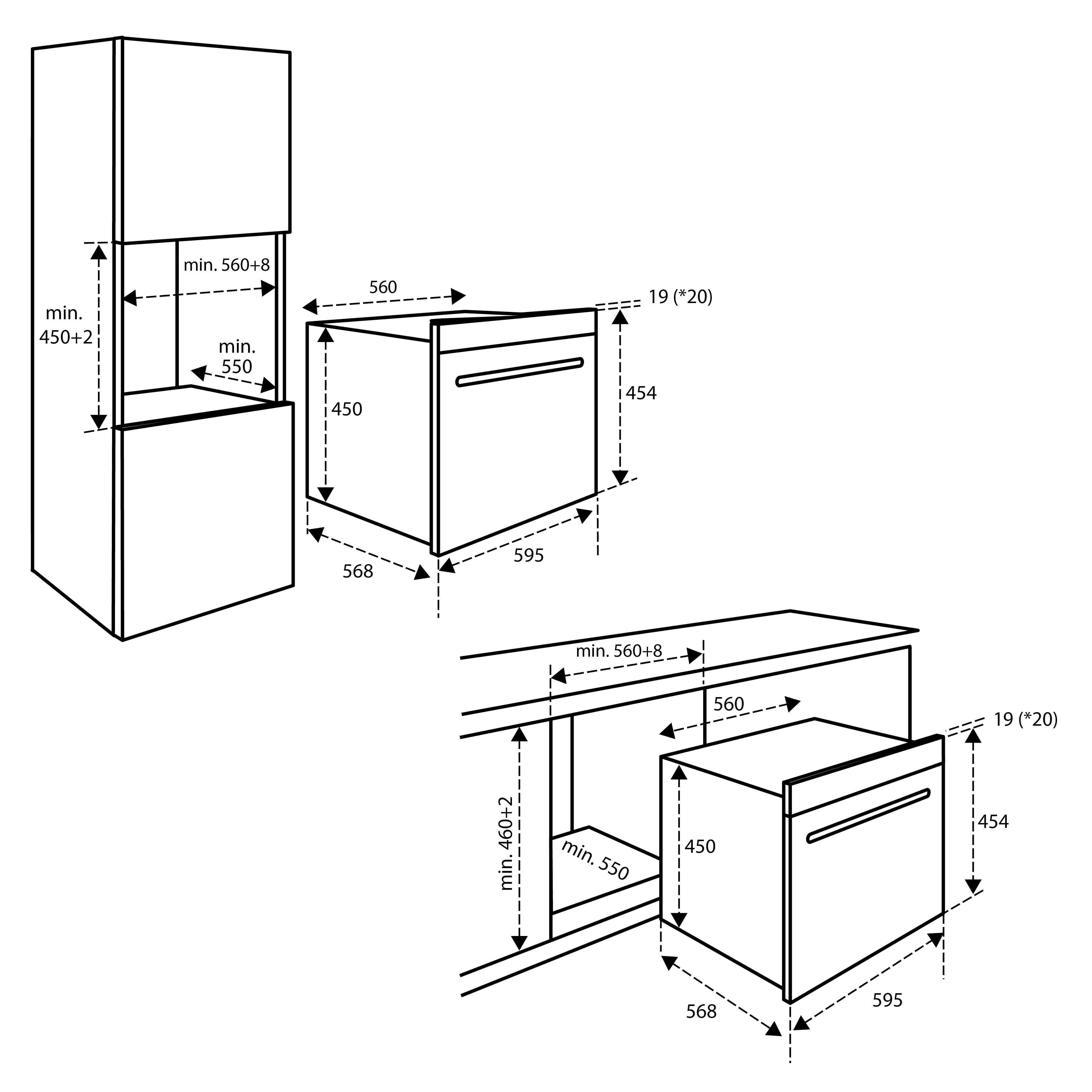 Diagram toont afmetingen van inbouwkeukenapparatuur. Bevat maten voor hoogte, breedte en diepte in millimeters.
