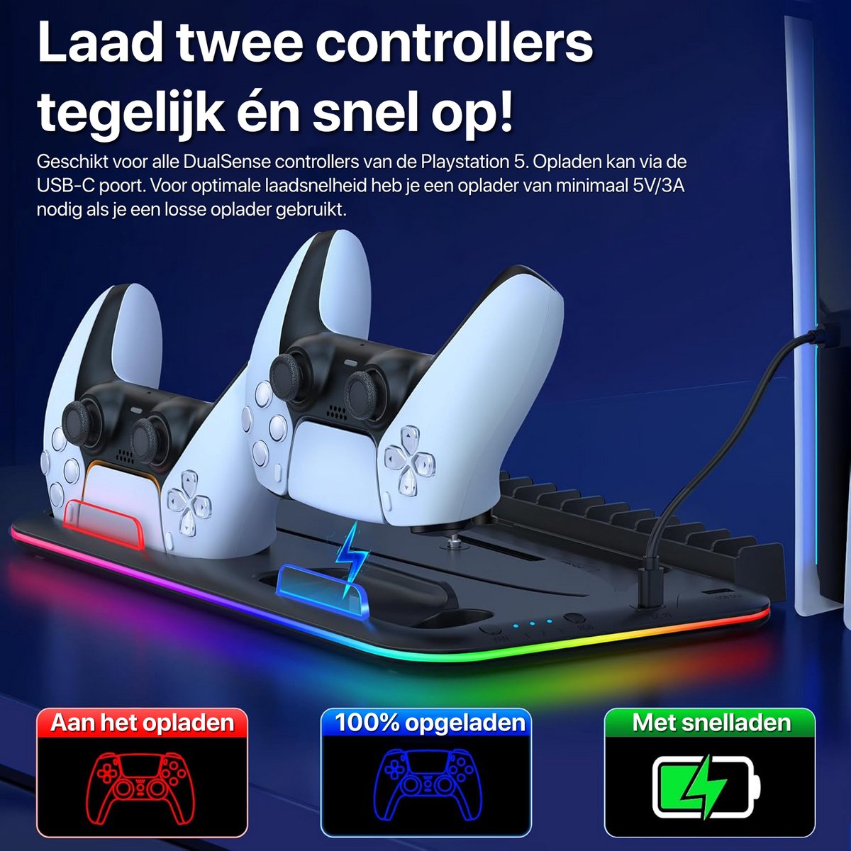 White controllers charging on a black base with a colorful light strip. Text says 'Charge two controllers at once!'