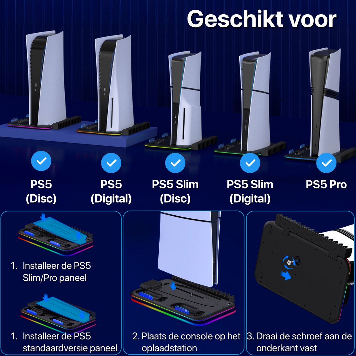 Image shows PS5 consoles and a charging station. It indicates compatibility for different models like Disc, Digital, and Slim.