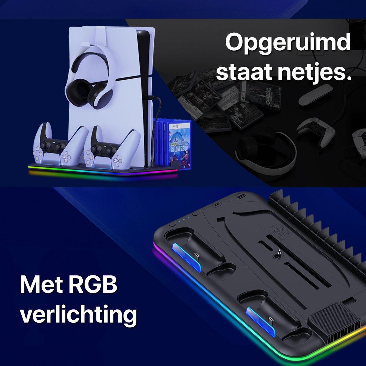 A gaming console stand with RGB lighting. It holds a console, controllers, and games, all neatly displayed with a blue background.