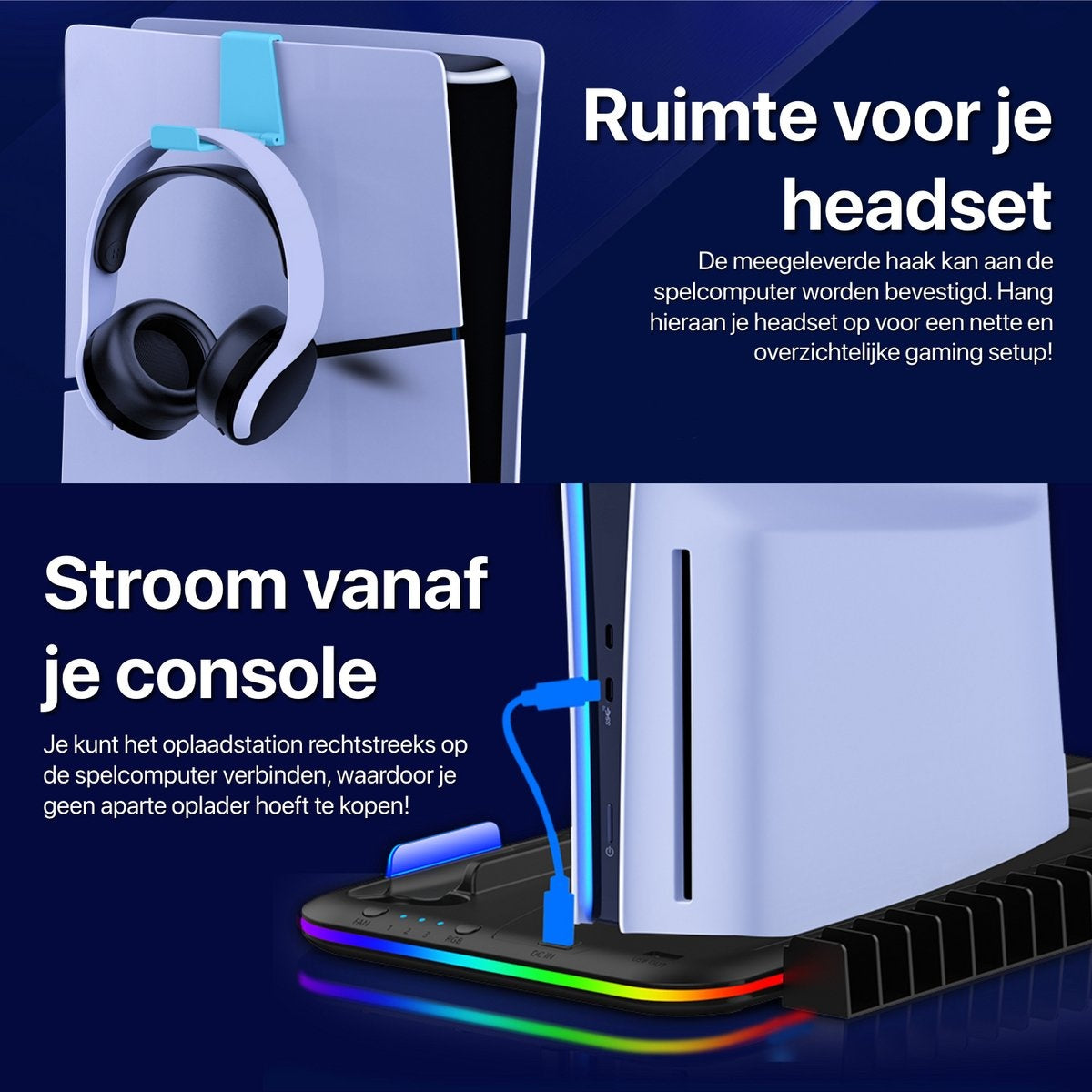A gaming setup showing a console with a headset and a charging station, with text in Dutch.