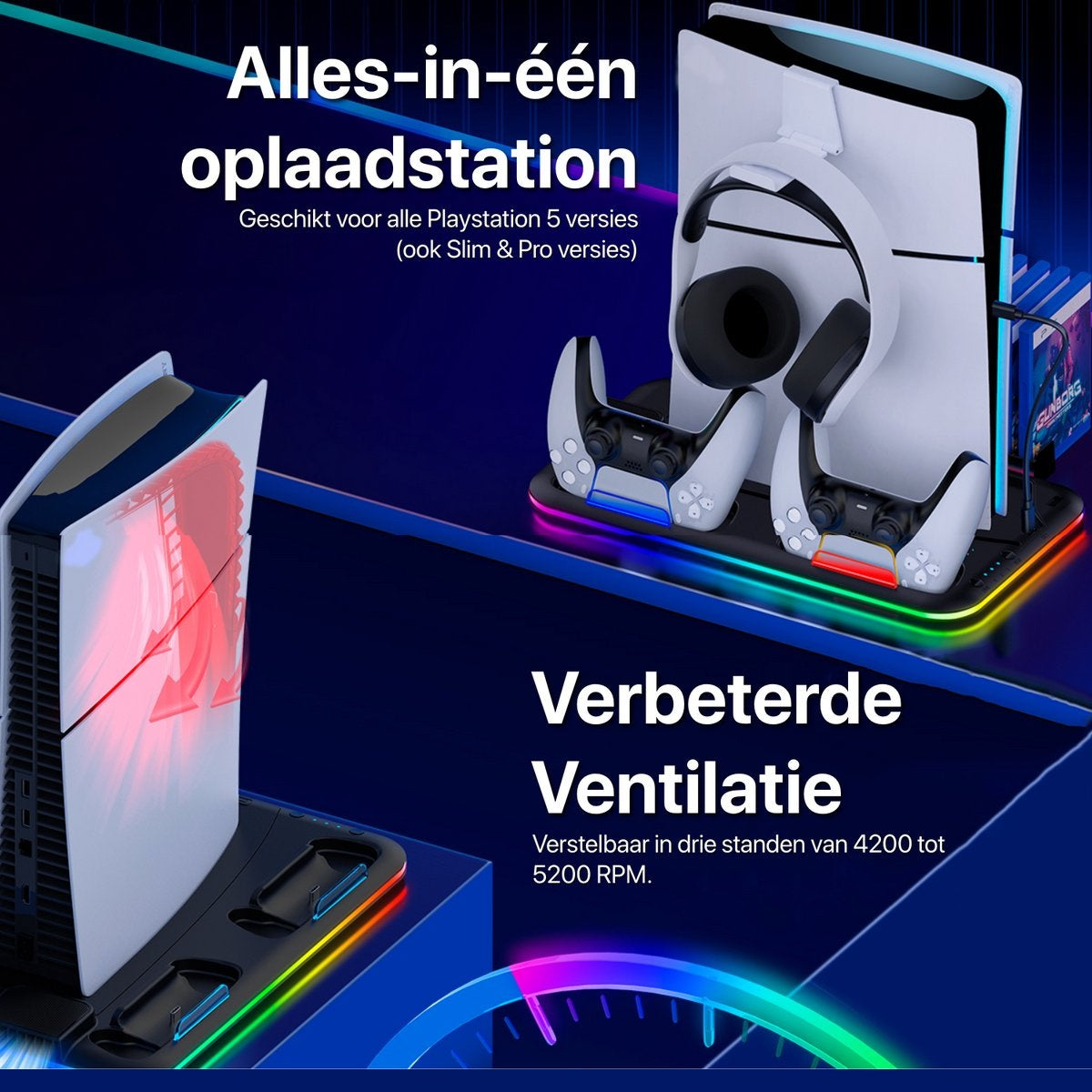 An all-in-one charging station for Playstation 5 consoles with improved ventilation. Includes a console, controllers, and a headset.