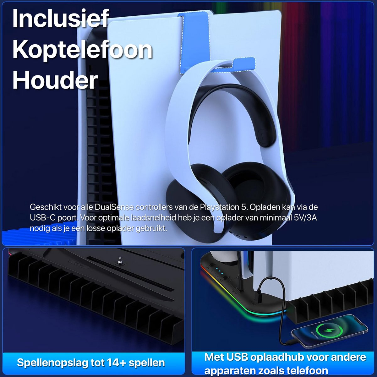 A white headset hangs on a white PlayStation 5 stand. Below, the stand has a storage slot, and a phone is charging.