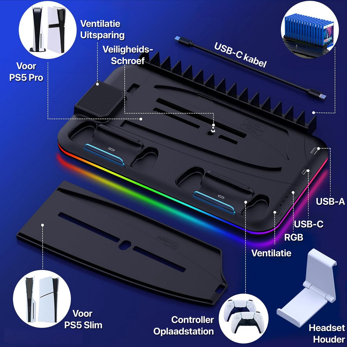 A black PS5 stand with RGB lights, USB ports, and a headset holder is displayed. Accessories for PS5 Pro and Slim are shown.